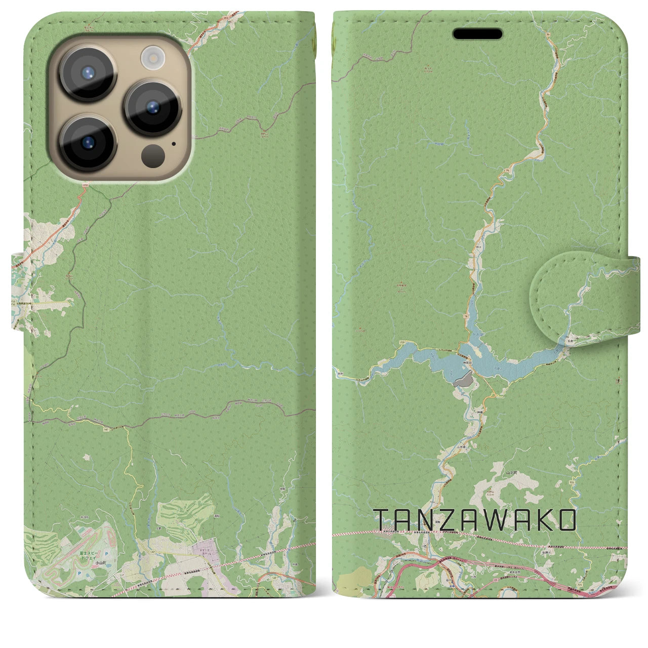 【丹沢湖(神奈川県)】地図柄iPhoneケース(手帳タイプ)ナチュラル・iPhone 14 Pro Max 用