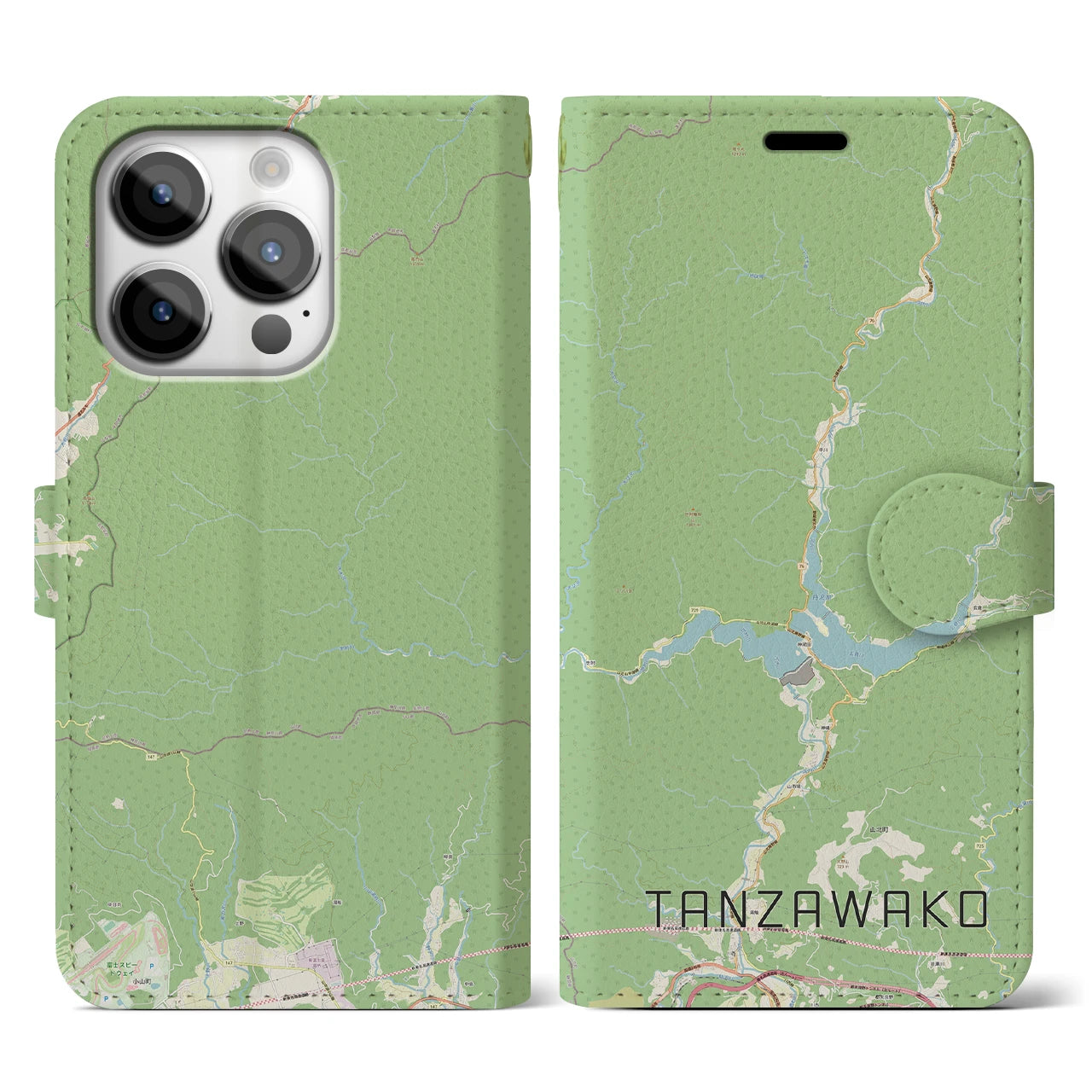 【丹沢湖(神奈川県)】地図柄iPhoneケース(手帳タイプ)ナチュラル・iPhone 14 Pro 用