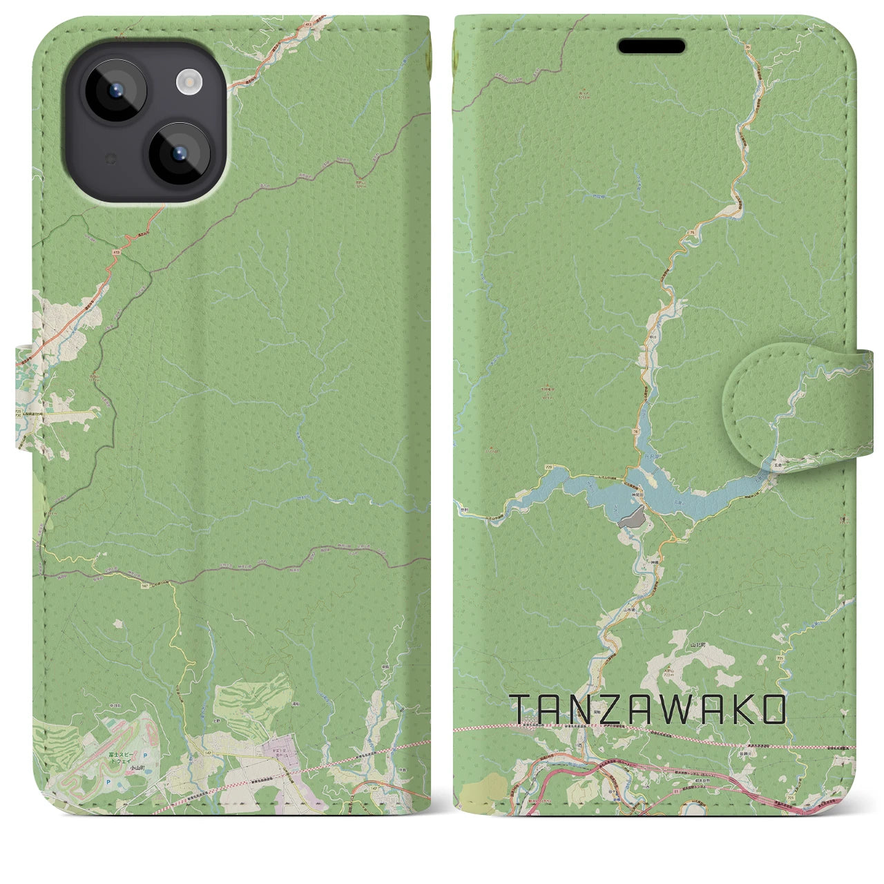 【丹沢湖(神奈川県)】地図柄iPhoneケース(手帳タイプ)ナチュラル・iPhone 14 Plus 用
