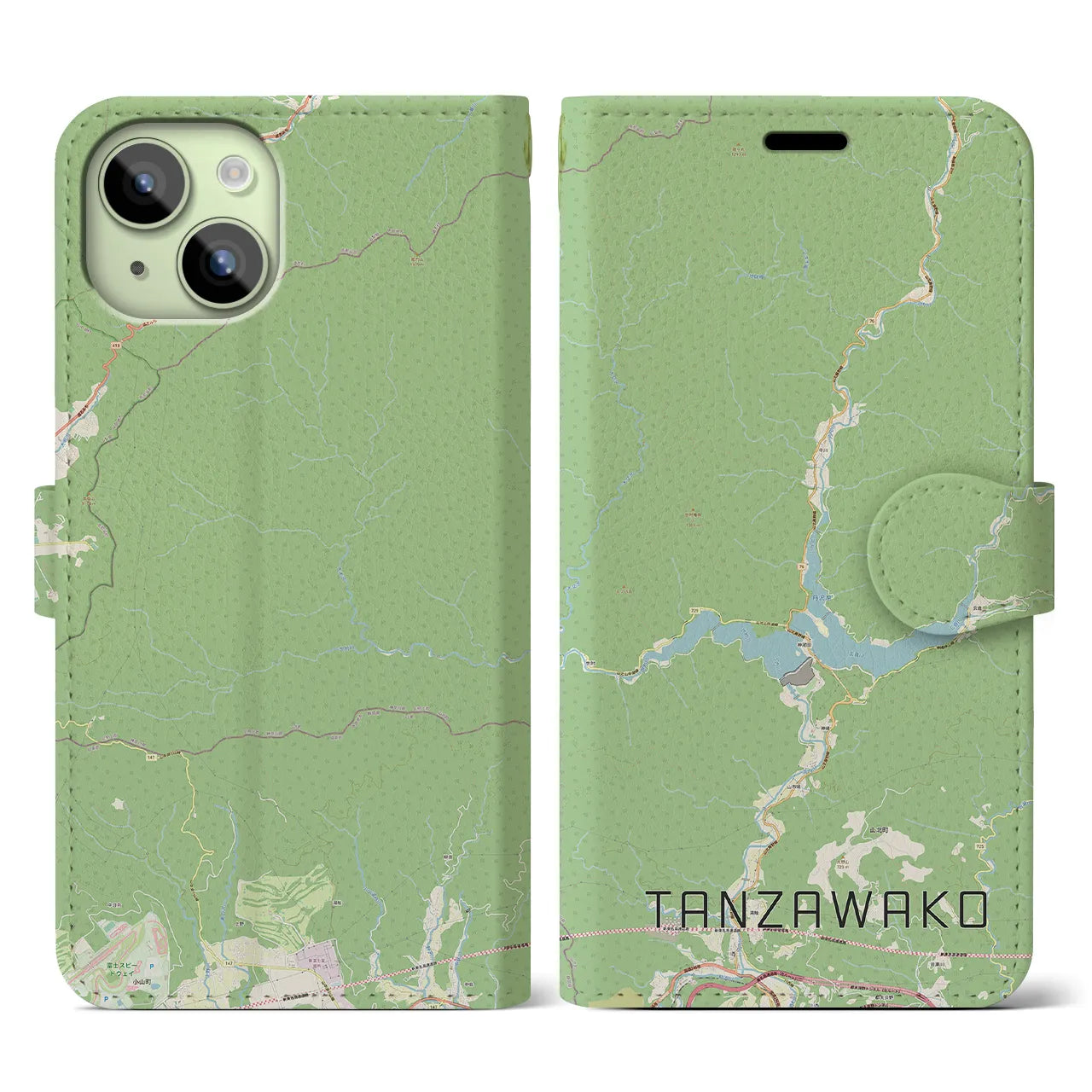 【丹沢湖(神奈川県)】地図柄iPhoneケース(手帳タイプ)ナチュラル・iPhone 15 用