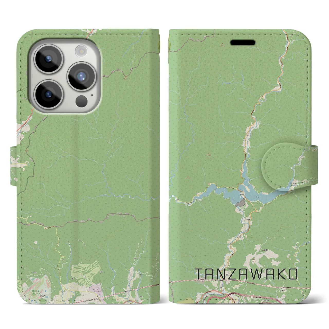 【丹沢湖(神奈川県)】地図柄iPhoneケース(手帳タイプ)ナチュラル・iPhone 15 Pro 用