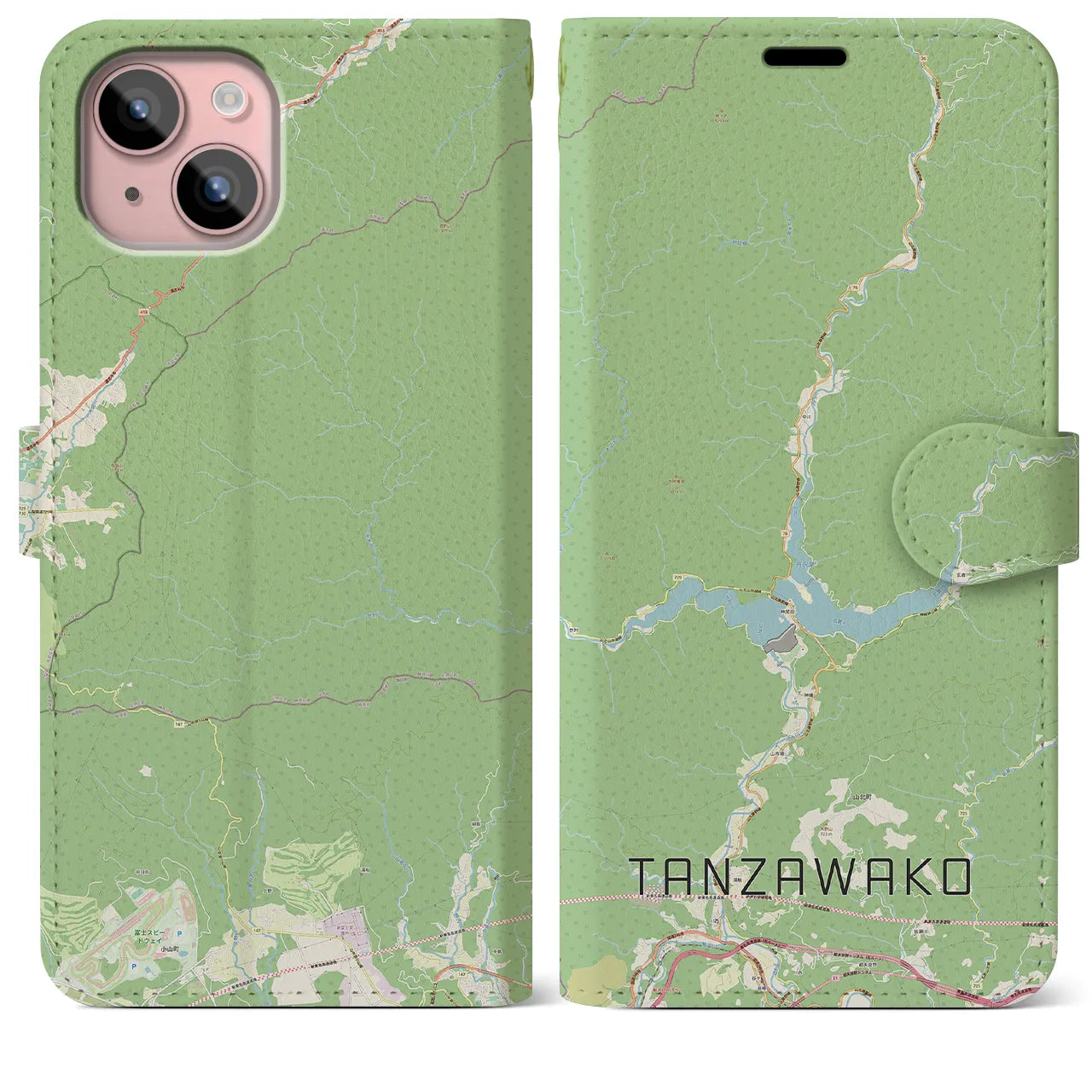 【丹沢湖(神奈川県)】地図柄iPhoneケース(手帳タイプ)ナチュラル・iPhone 15 Plus 用