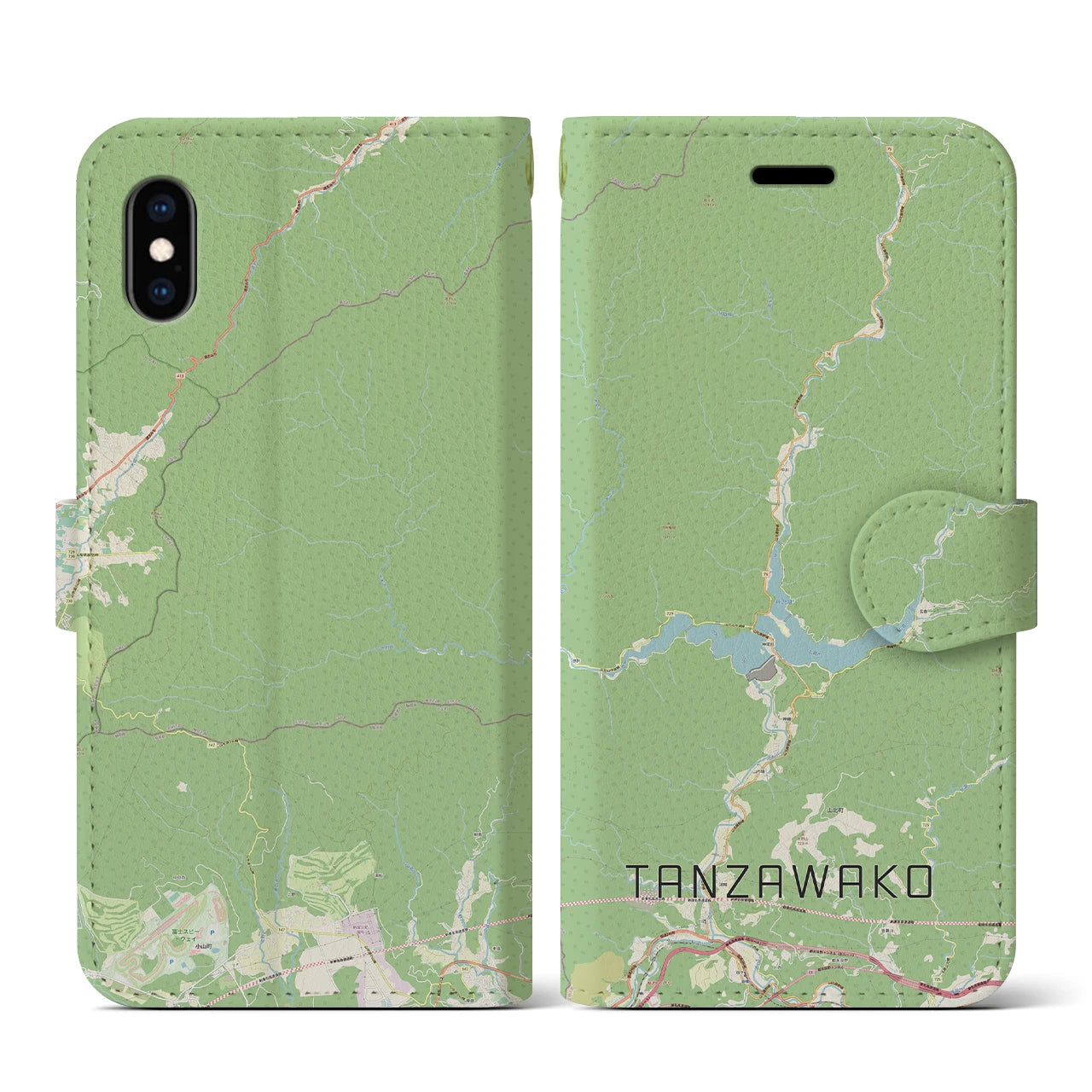 【丹沢湖(神奈川県)】地図柄iPhoneケース(手帳タイプ)ナチュラル・iPhone XS / X 用
