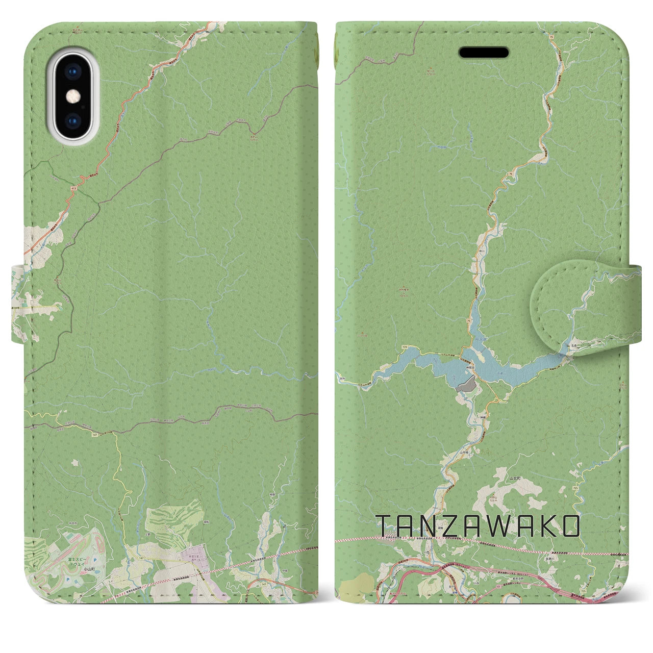 【丹沢湖(神奈川県)】地図柄iPhoneケース(手帳タイプ)ナチュラル・iPhone XS Max 用