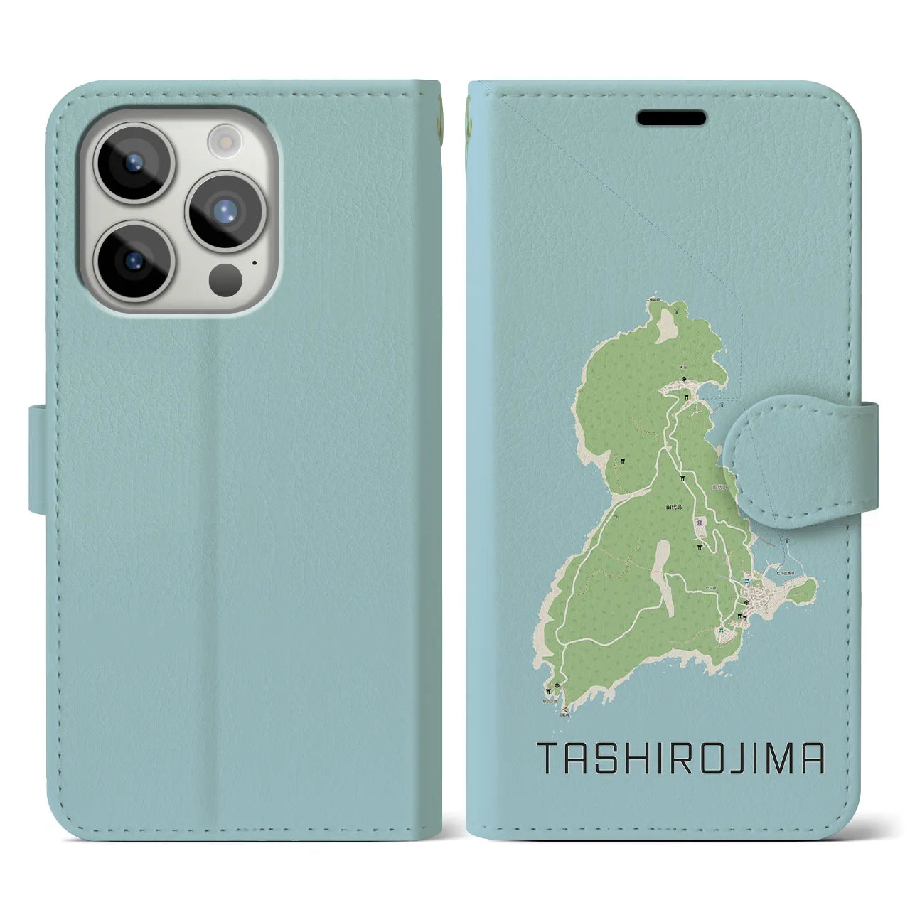 【田代島(宮城県)】地図柄iPhoneケース(手帳タイプ)ナチュラル・iPhone 15 Pro 用