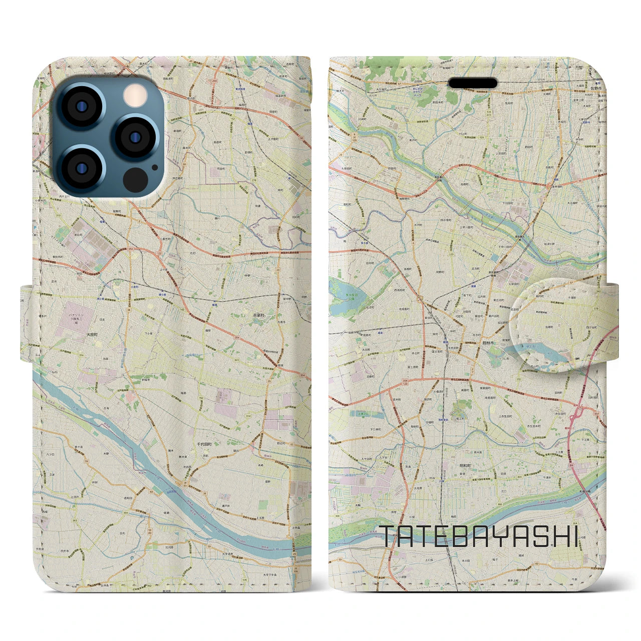 【館林(群馬県)】地図柄iPhoneケース(手帳タイプ)ナチュラル・iPhone 12 / 12 Pro 用