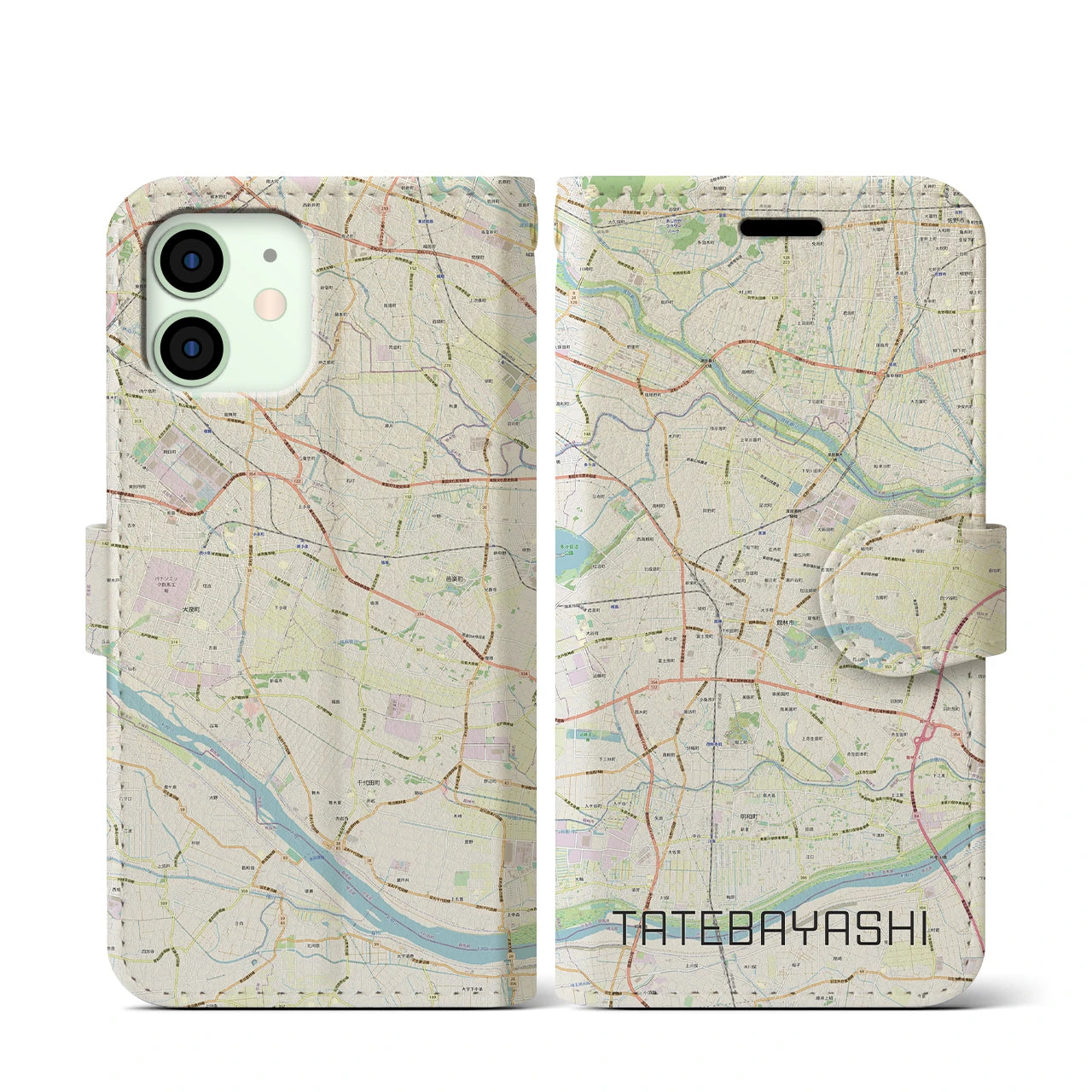 【館林(群馬県)】地図柄iPhoneケース(手帳タイプ)ナチュラル・iPhone 12 mini 用
