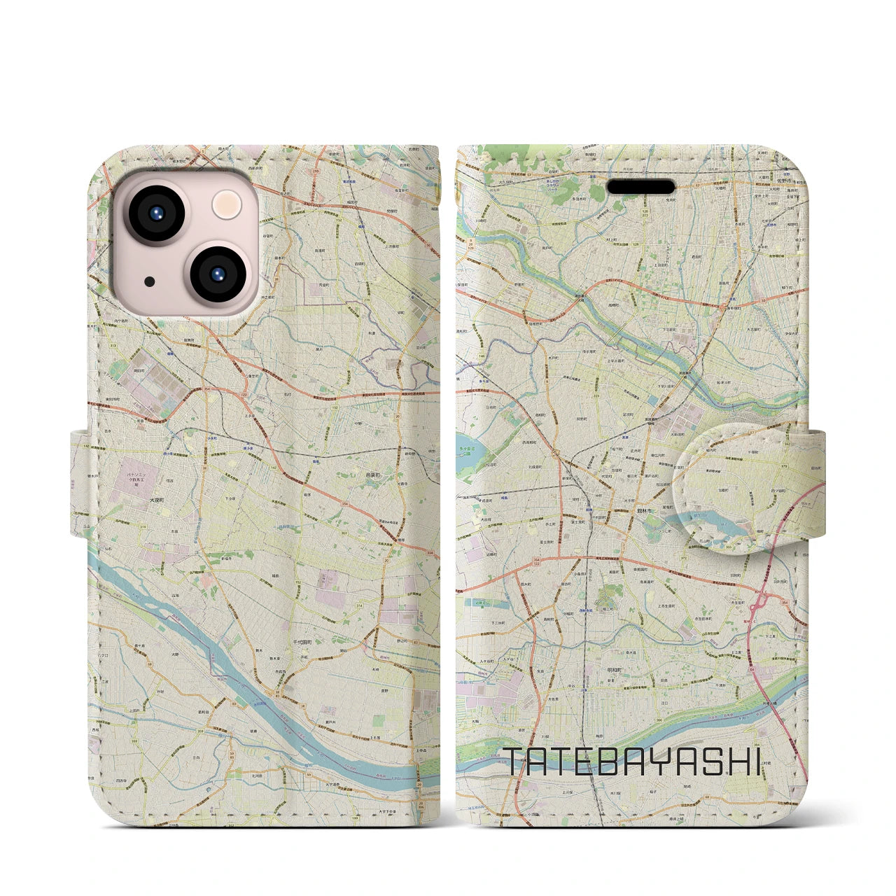 【館林(群馬県)】地図柄iPhoneケース(手帳タイプ)ナチュラル・iPhone 13 mini 用