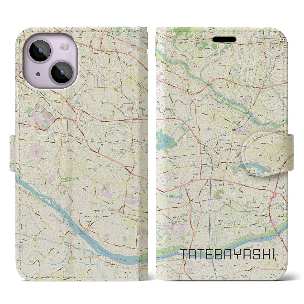 【館林(群馬県)】地図柄iPhoneケース(手帳タイプ)ナチュラル・iPhone 14 用