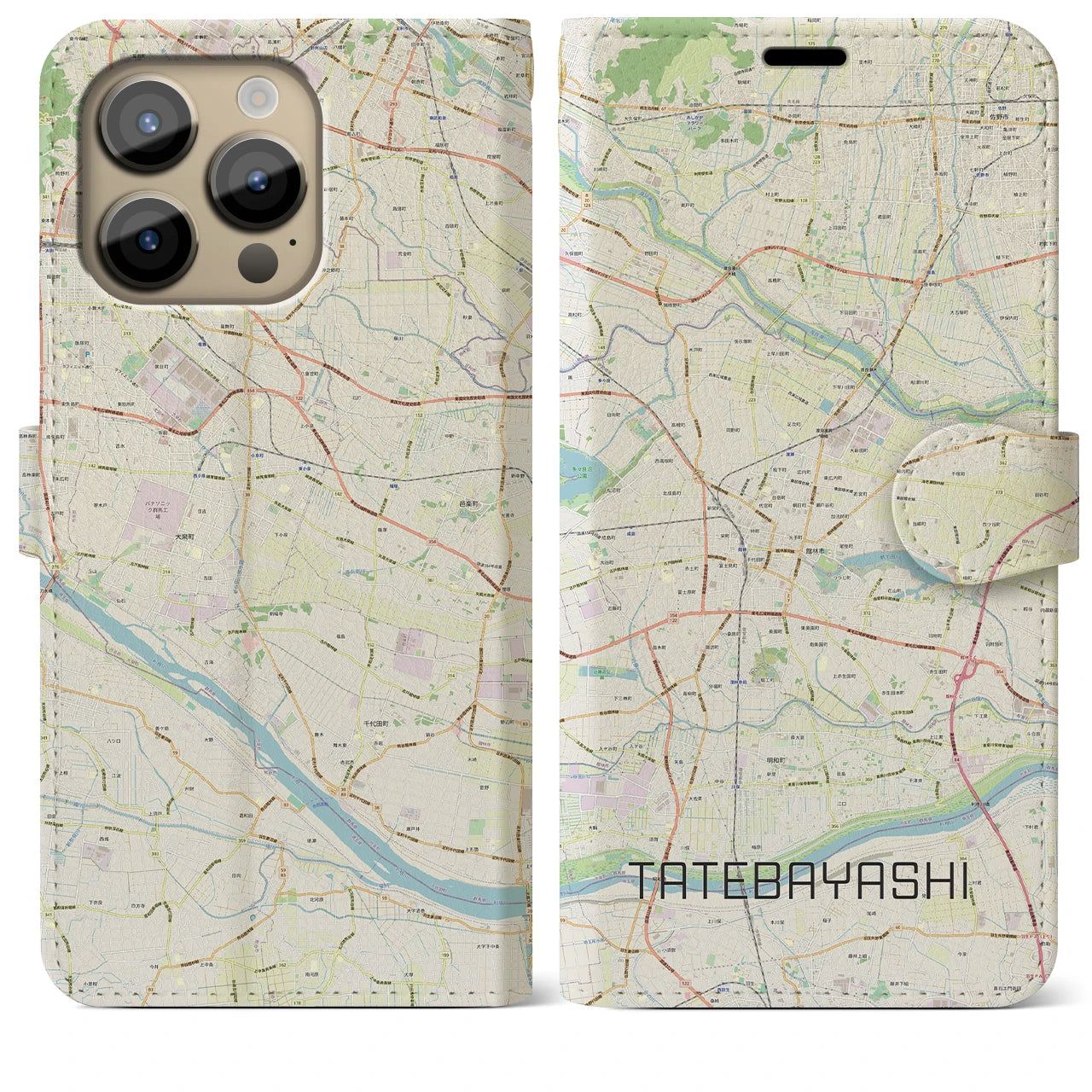 【館林(群馬県)】地図柄iPhoneケース(手帳タイプ)ナチュラル・iPhone 14 Pro Max 用