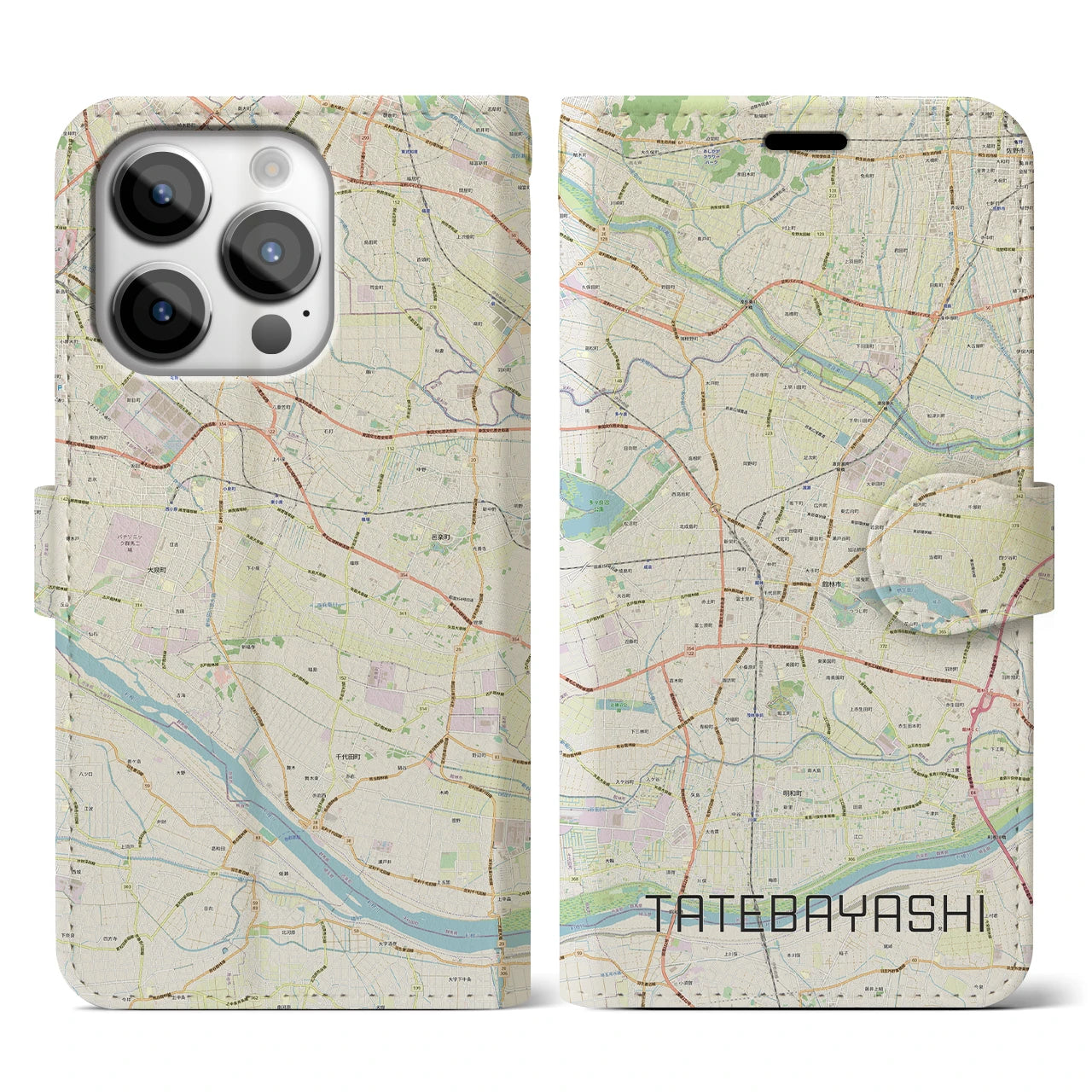 【館林(群馬県)】地図柄iPhoneケース(手帳タイプ)ナチュラル・iPhone 14 Pro 用