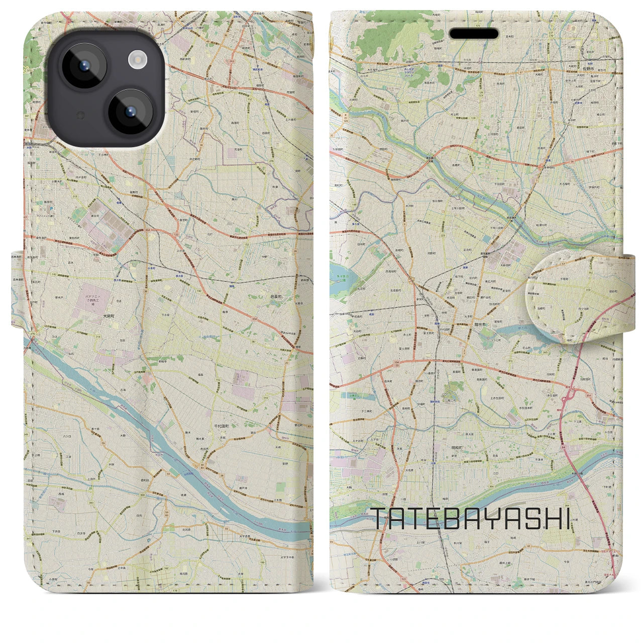 【館林(群馬県)】地図柄iPhoneケース(手帳タイプ)ナチュラル・iPhone 14 Plus 用