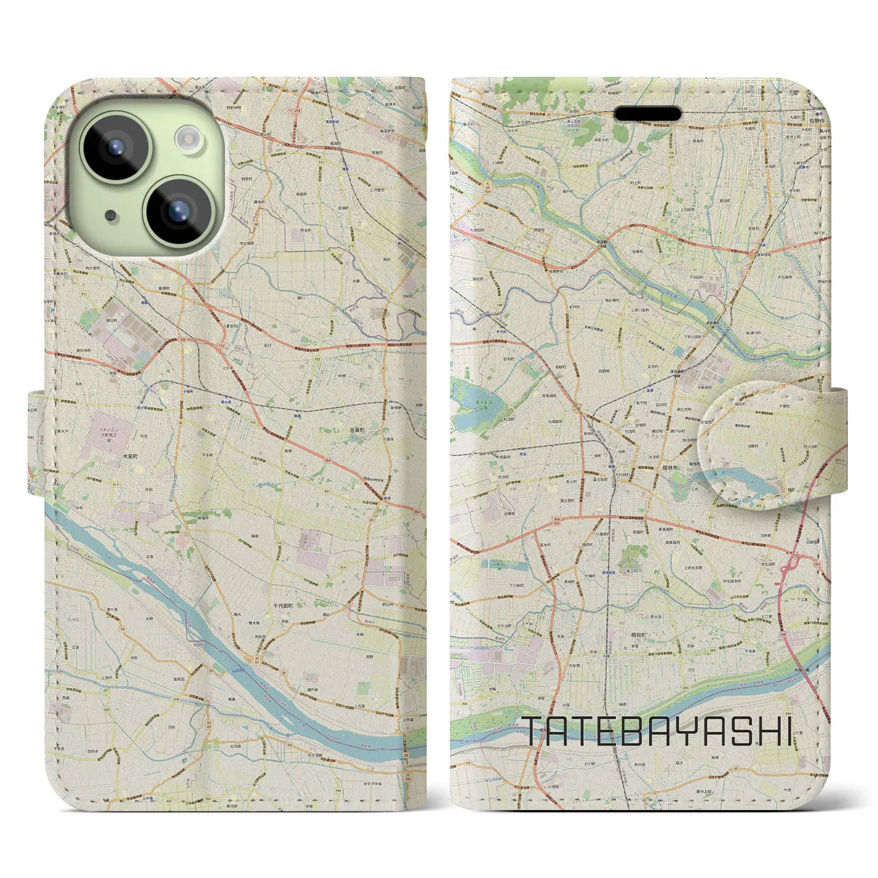 【館林(群馬県)】地図柄iPhoneケース(手帳タイプ)ナチュラル・iPhone 15 用