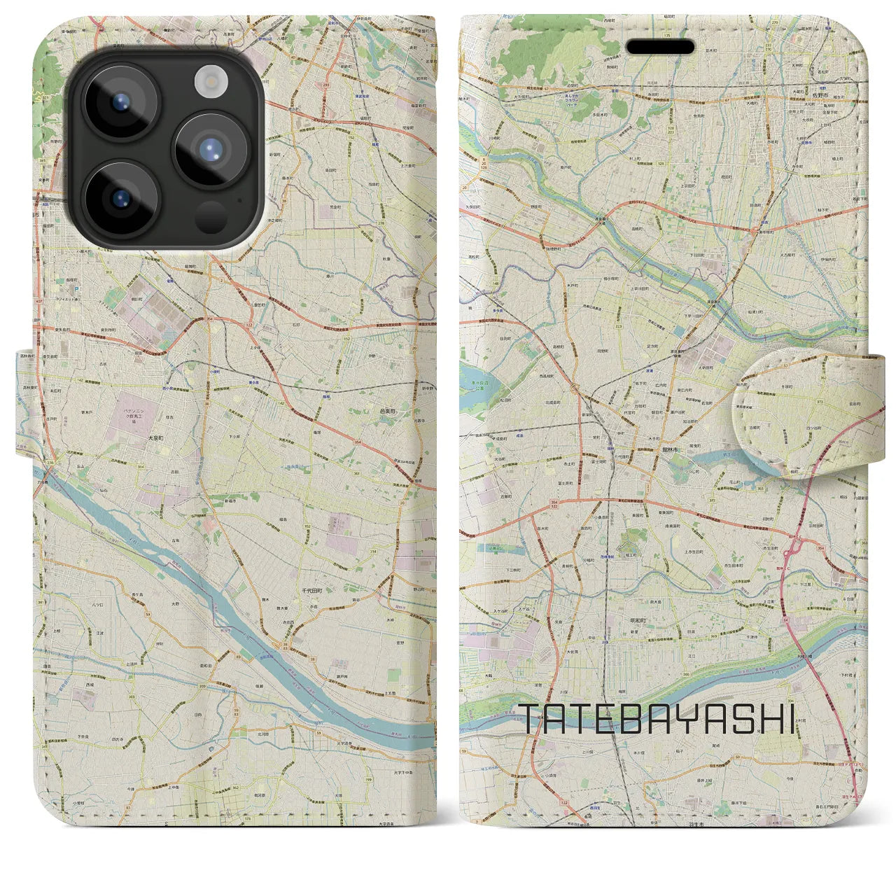【館林(群馬県)】地図柄iPhoneケース(手帳タイプ)ナチュラル・iPhone 15 Pro Max 用