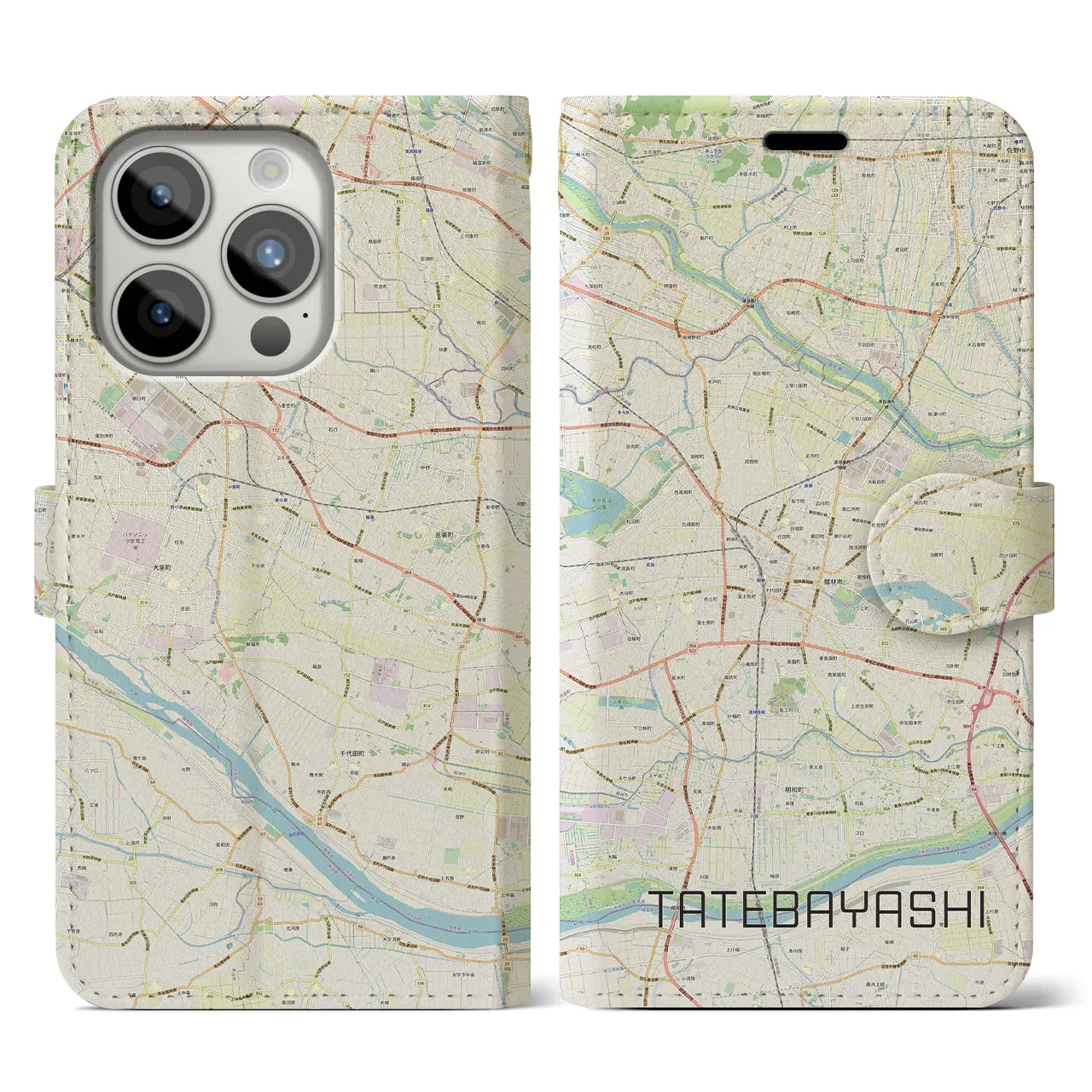 【館林(群馬県)】地図柄iPhoneケース(手帳タイプ)ナチュラル・iPhone 15 Pro 用