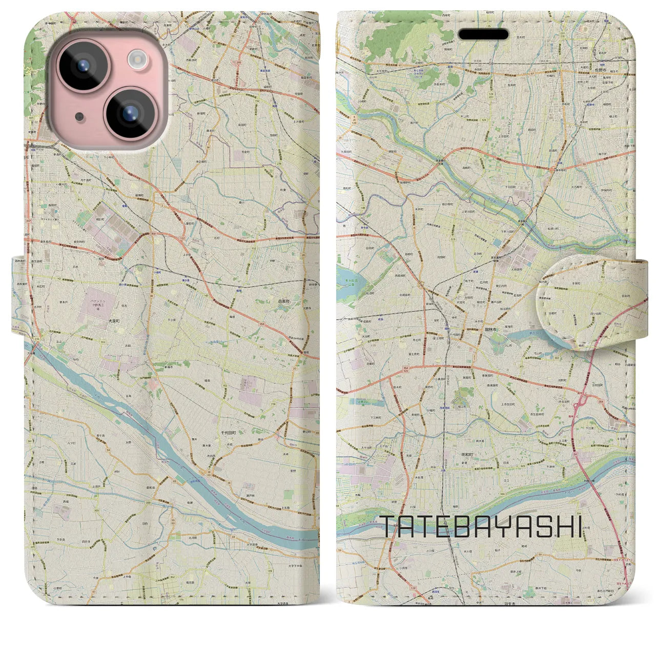 【館林(群馬県)】地図柄iPhoneケース(手帳タイプ)ナチュラル・iPhone 15 Plus 用