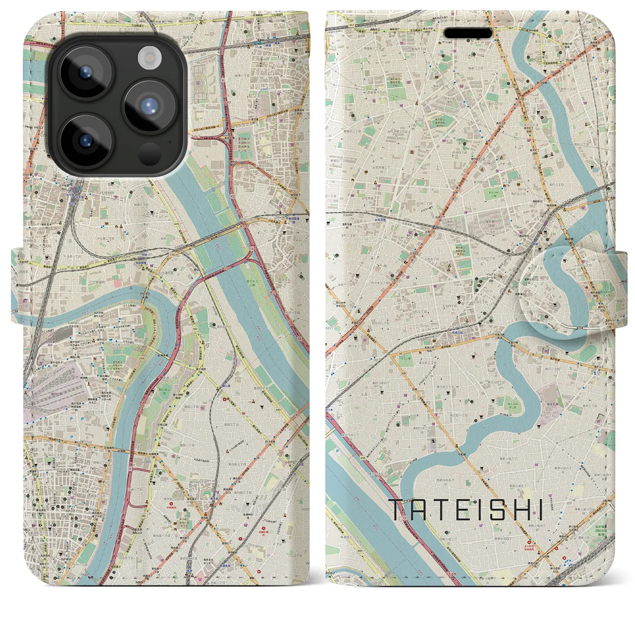 【立石(東京都)】地図柄iPhoneケース(手帳タイプ)ナチュラル・iPhone 15 Pro Max 用
