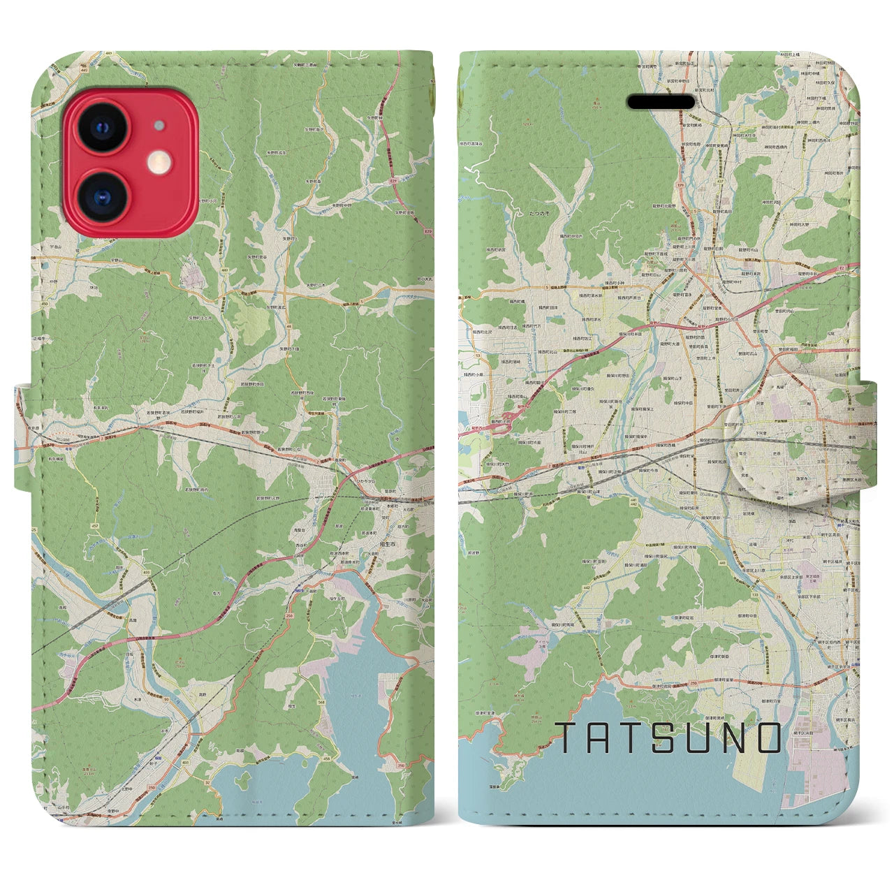 【たつの(兵庫県)】地図柄iPhoneケース(手帳タイプ)ナチュラル・iPhone 11 用