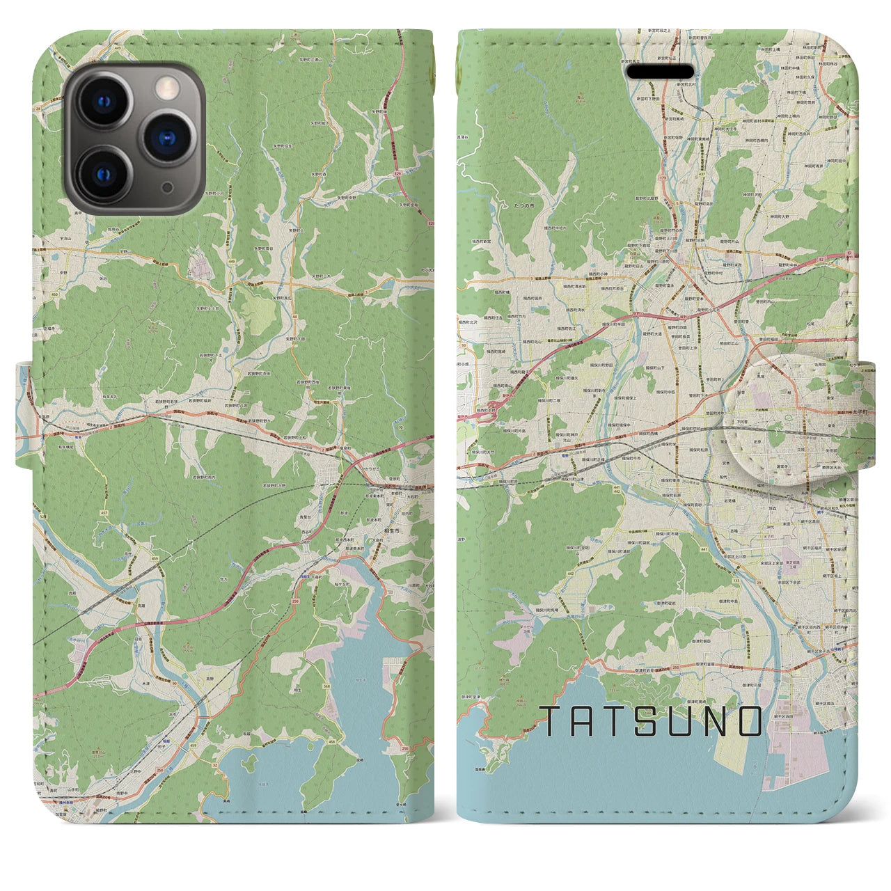 【たつの(兵庫県)】地図柄iPhoneケース(手帳タイプ)ナチュラル・iPhone 11 Pro Max 用