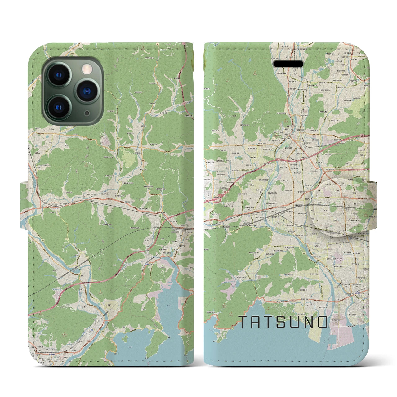 【たつの(兵庫県)】地図柄iPhoneケース(手帳タイプ)ナチュラル・iPhone 11 Pro 用