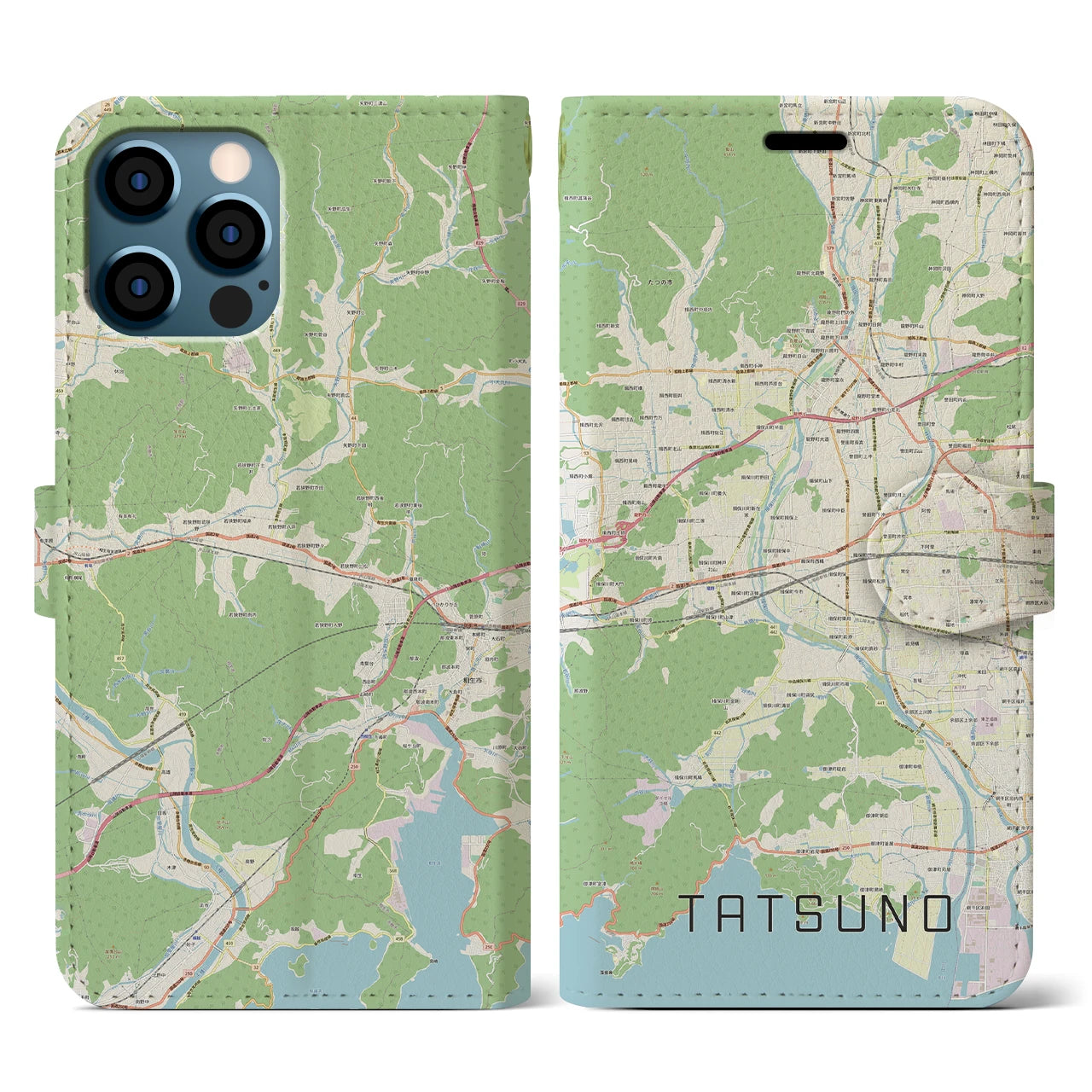 【たつの(兵庫県)】地図柄iPhoneケース(手帳タイプ)ナチュラル・iPhone 12 / 12 Pro 用