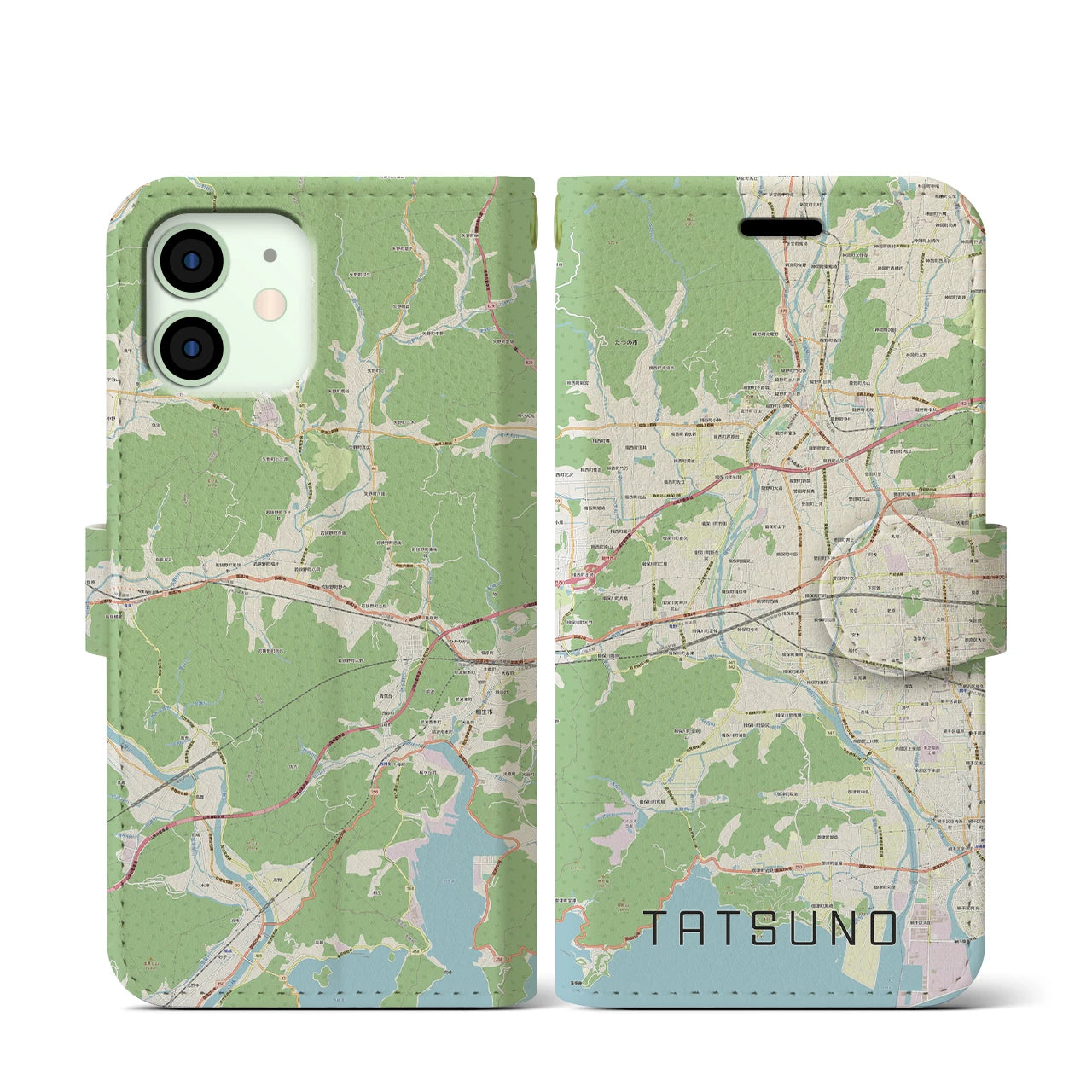 【たつの(兵庫県)】地図柄iPhoneケース(手帳タイプ)ナチュラル・iPhone 12 mini 用