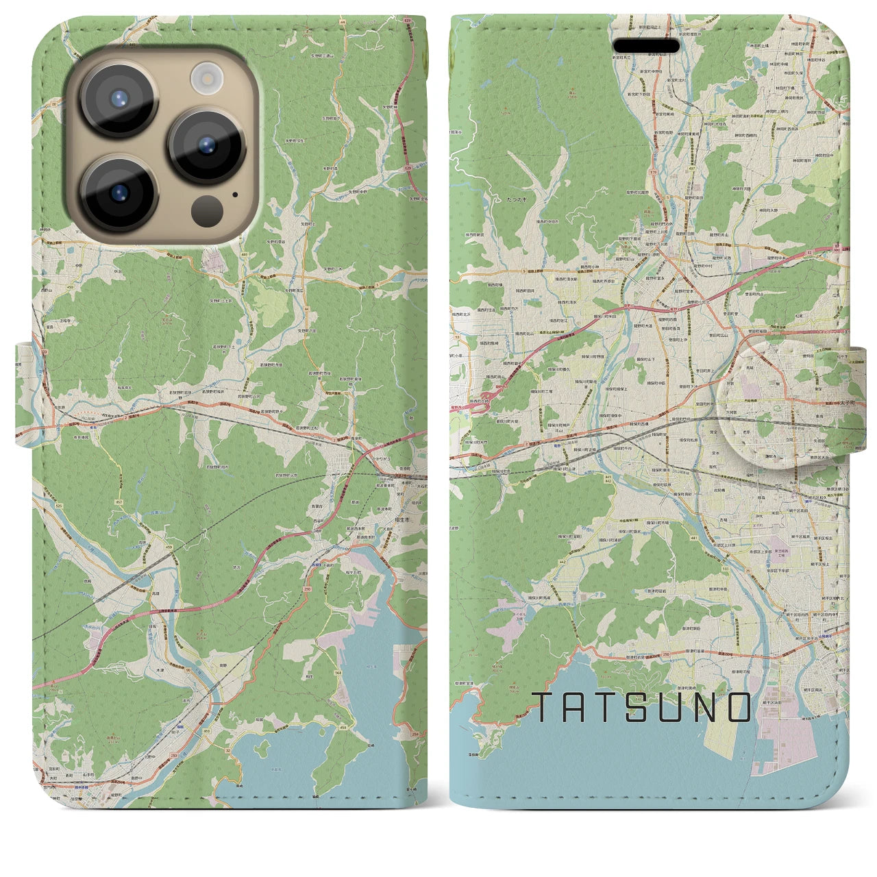 【たつの(兵庫県)】地図柄iPhoneケース(手帳タイプ)ナチュラル・iPhone 14 Pro Max 用