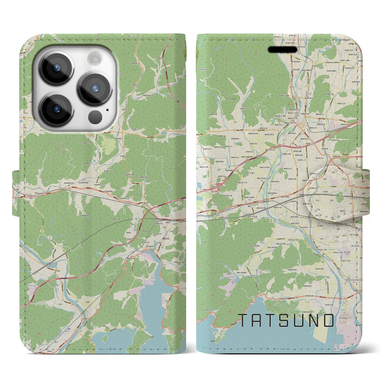 【たつの(兵庫県)】地図柄iPhoneケース(手帳タイプ)ナチュラル・iPhone 14 Pro 用