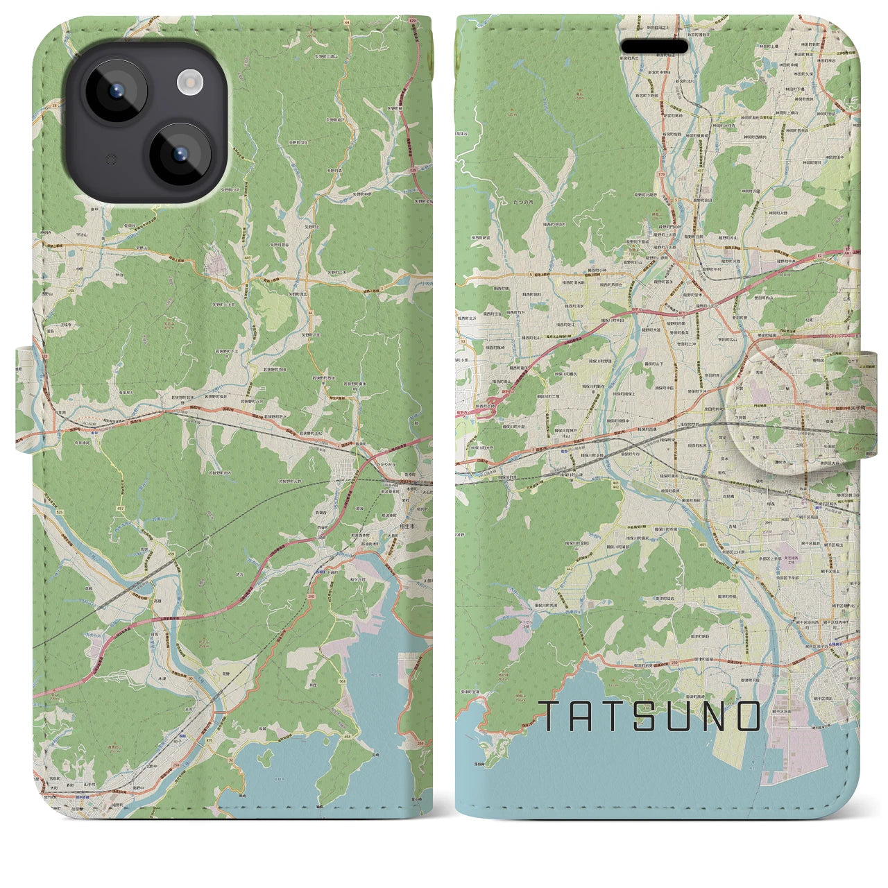 【たつの(兵庫県)】地図柄iPhoneケース(手帳タイプ)ナチュラル・iPhone 14 Plus 用