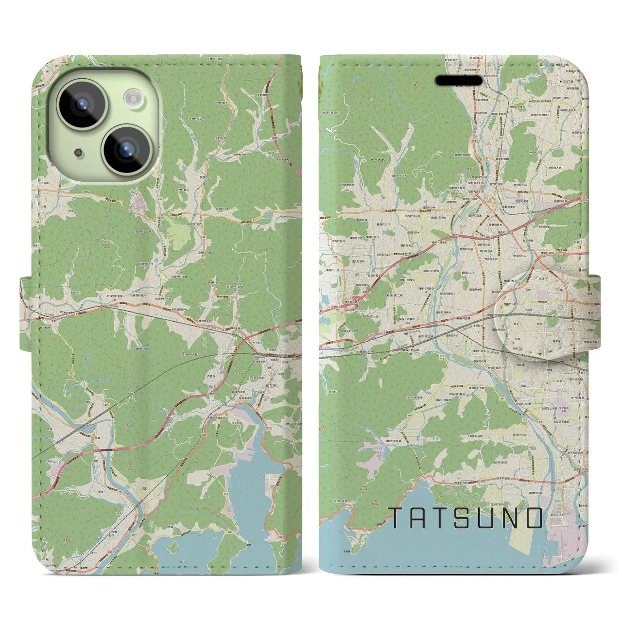 【たつの(兵庫県)】地図柄iPhoneケース(手帳タイプ)ナチュラル・iPhone 15 用