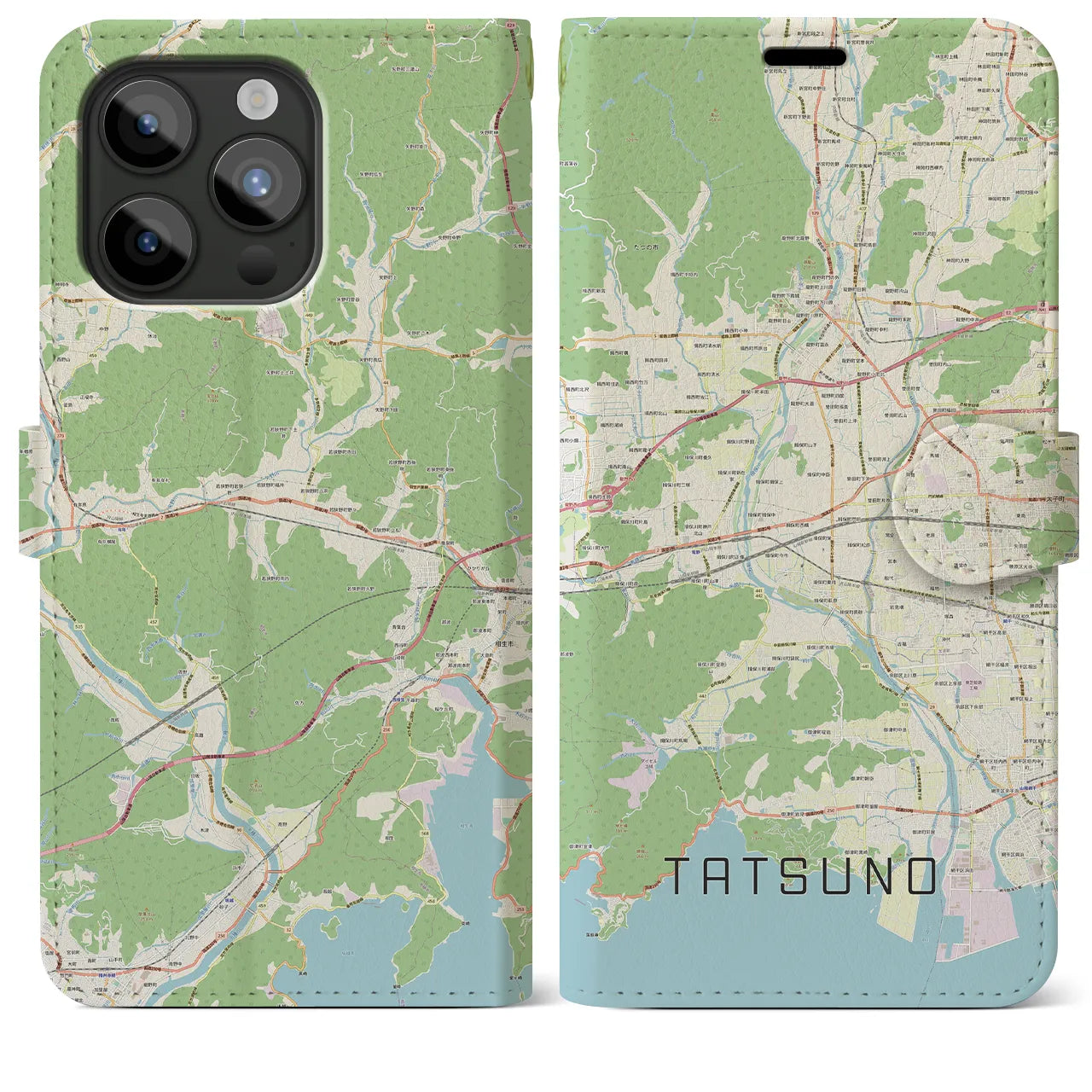 【たつの(兵庫県)】地図柄iPhoneケース(手帳タイプ)ナチュラル・iPhone 15 Pro Max 用
