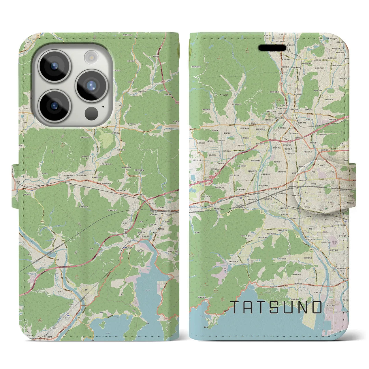 【たつの(兵庫県)】地図柄iPhoneケース(手帳タイプ)ナチュラル・iPhone 15 Pro 用