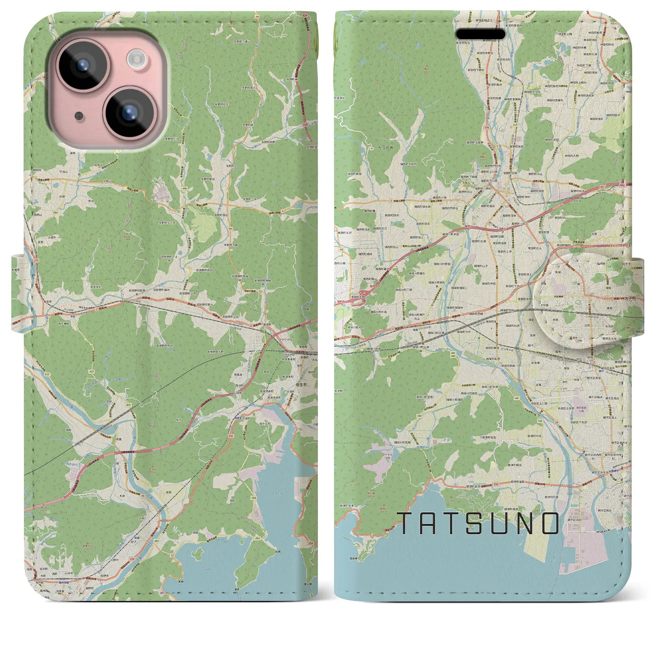 【たつの(兵庫県)】地図柄iPhoneケース(手帳タイプ)ナチュラル・iPhone 15 Plus 用