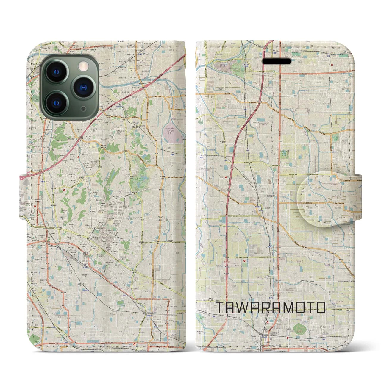 【田原本(奈良県)】地図柄iPhoneケース(手帳タイプ)ナチュラル・iPhone 11 Pro 用