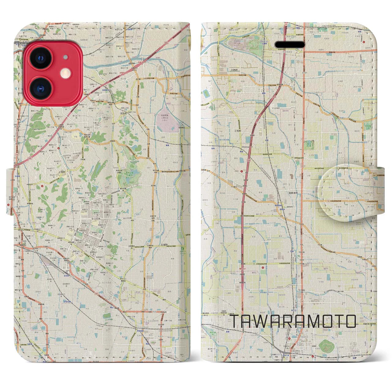 【田原本(奈良県)】地図柄iPhoneケース(手帳タイプ)ナチュラル・iPhone 11 用