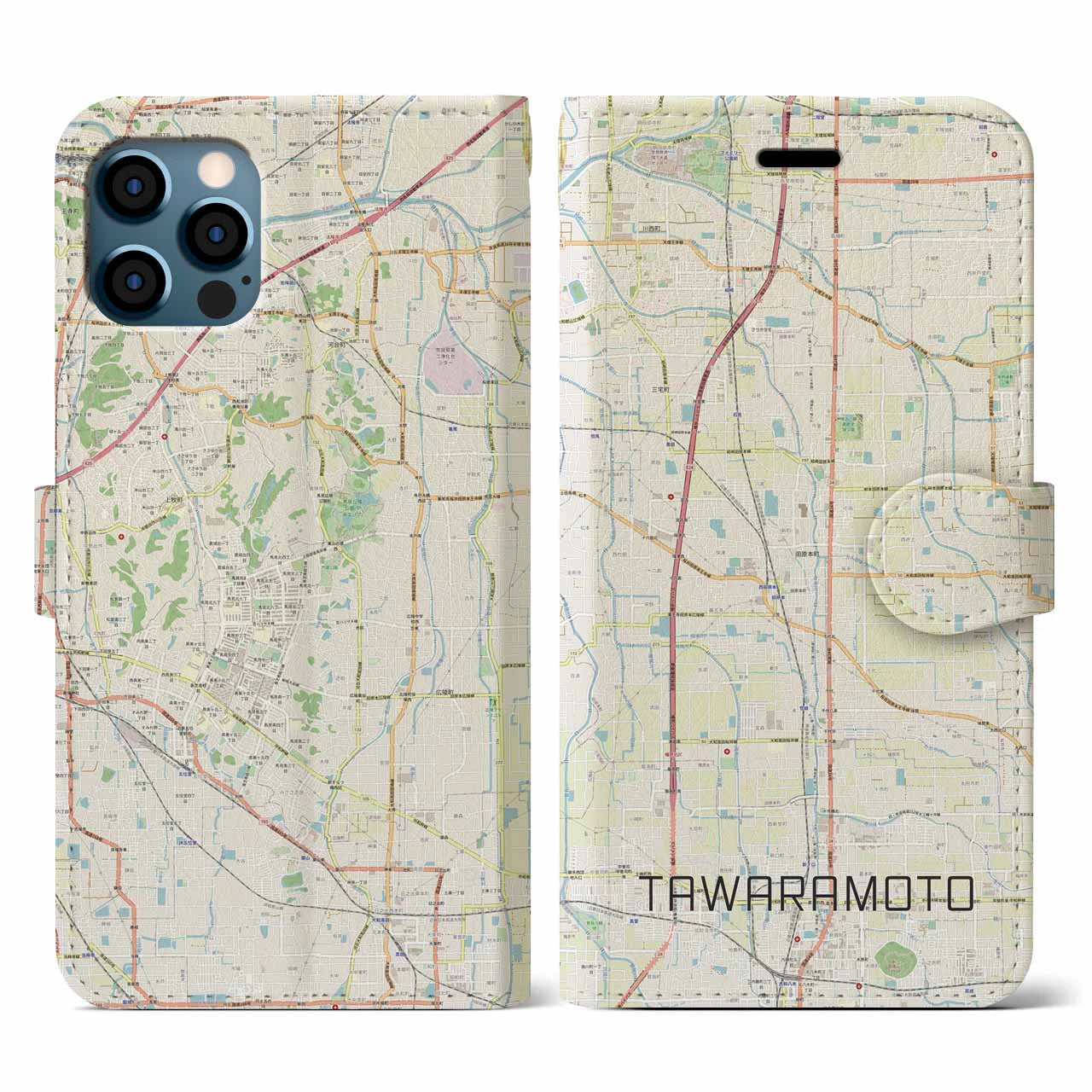 【田原本(奈良県)】地図柄iPhoneケース(手帳タイプ)ナチュラル・iPhone 12 / 12 Pro 用