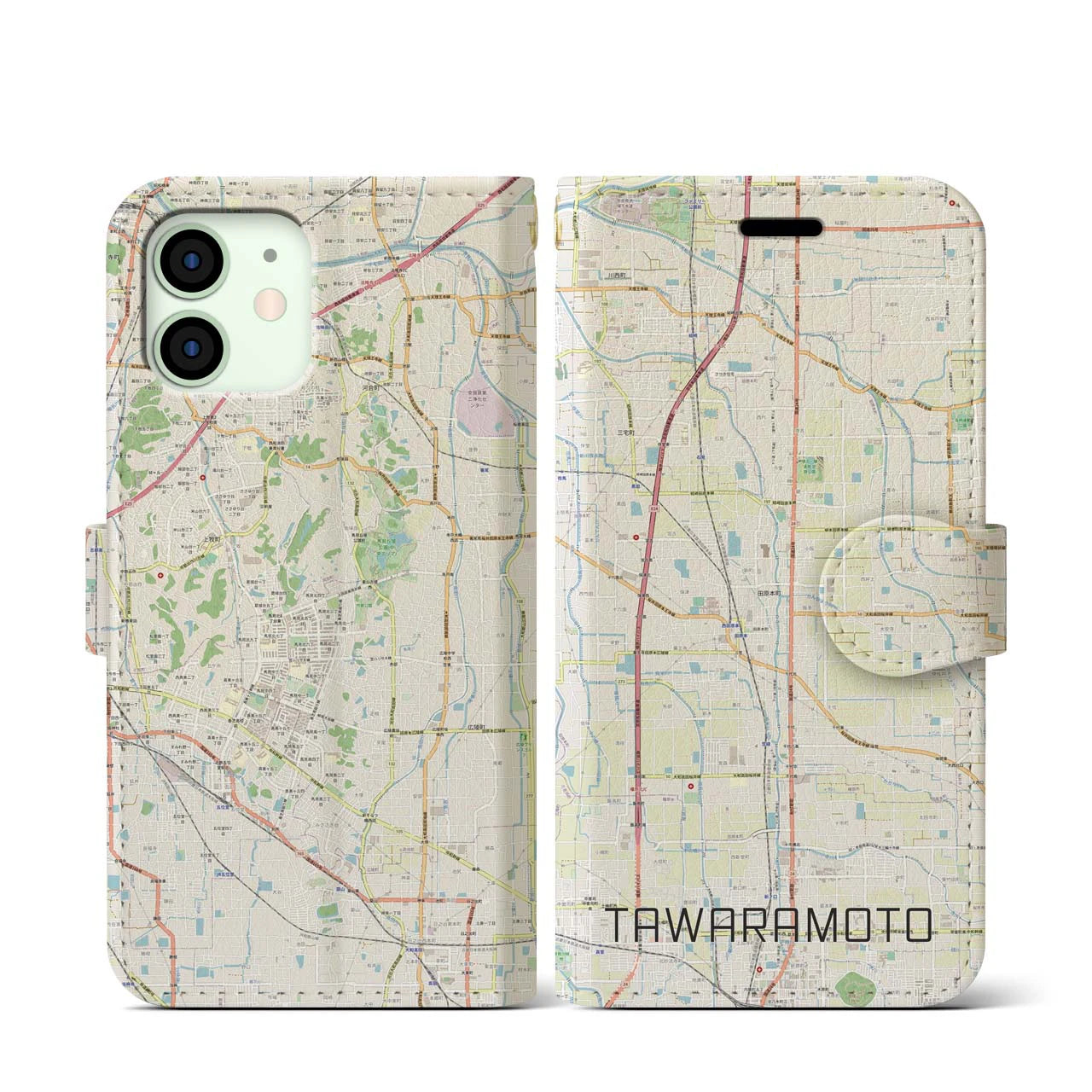 【田原本(奈良県)】地図柄iPhoneケース(手帳タイプ)ナチュラル・iPhone 12 mini 用