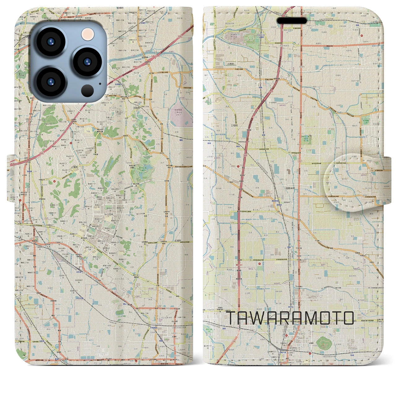 【田原本(奈良県)】地図柄iPhoneケース(手帳タイプ)ナチュラル・iPhone 13 Pro Max 用
