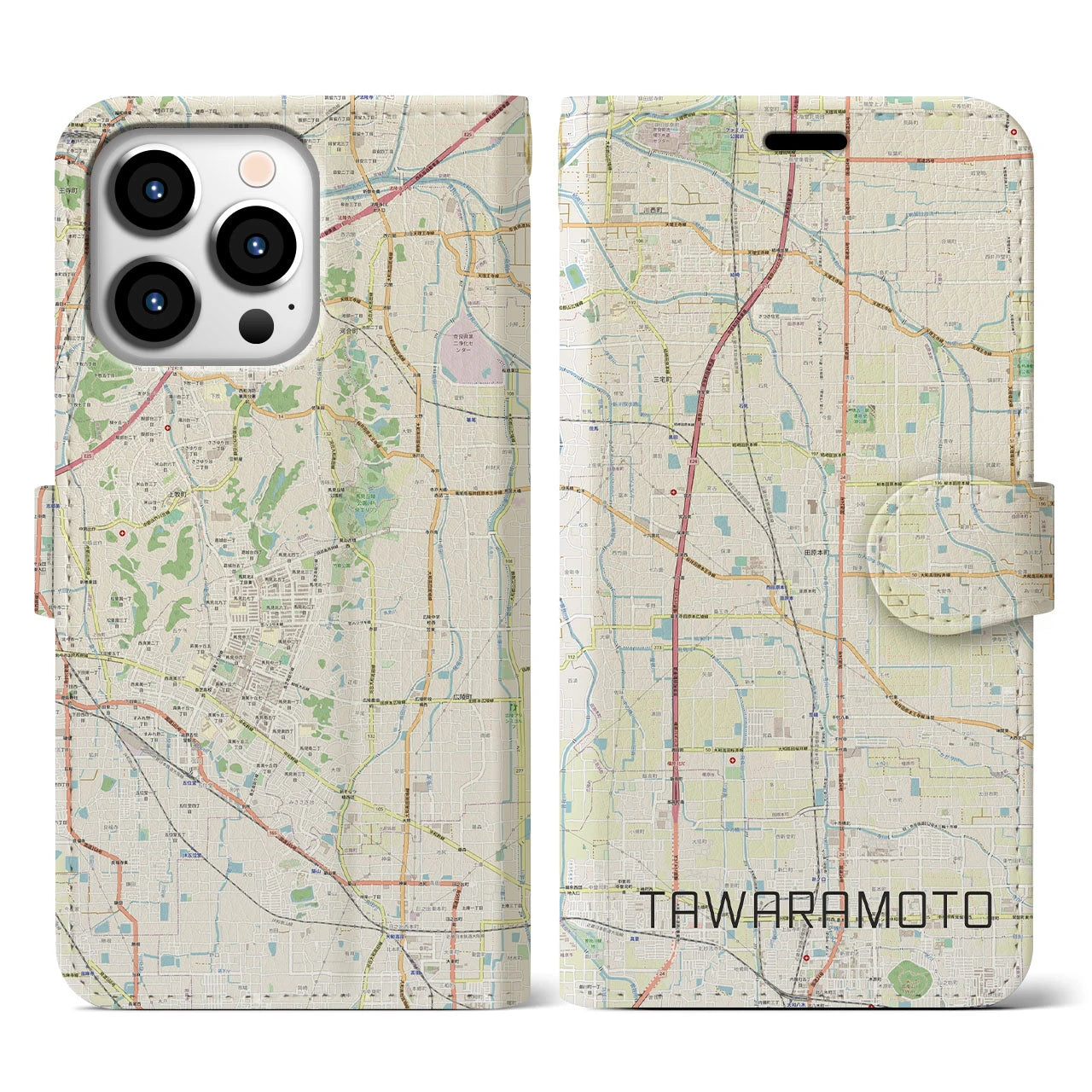 【田原本(奈良県)】地図柄iPhoneケース(手帳タイプ)ナチュラル・iPhone 13 Pro 用
