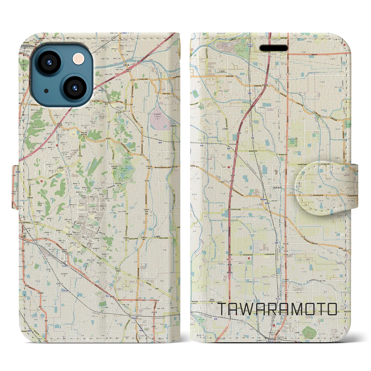 【田原本(奈良県)】地図柄iPhoneケース(手帳タイプ)ナチュラル・iPhone 13 用