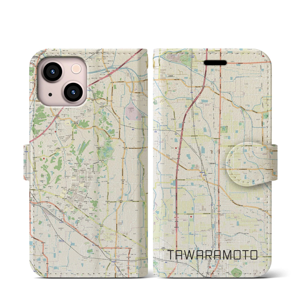 【田原本(奈良県)】地図柄iPhoneケース(手帳タイプ)ナチュラル・iPhone 13 mini 用