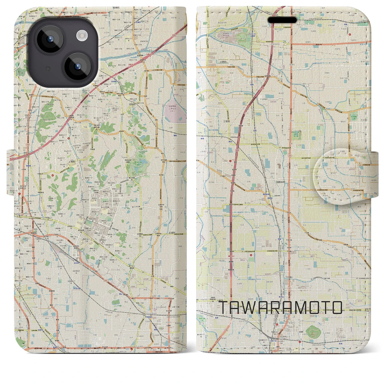 【田原本(奈良県)】地図柄iPhoneケース(手帳タイプ)ナチュラル・iPhone 14 Plus 用