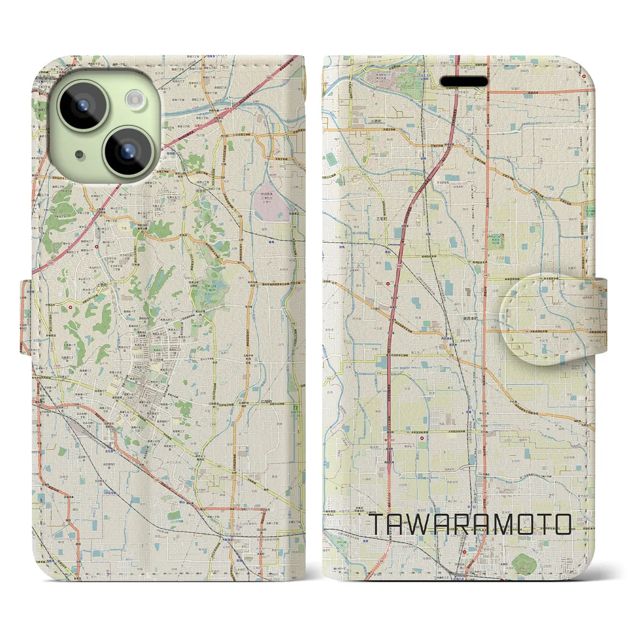 【田原本(奈良県)】地図柄iPhoneケース(手帳タイプ)ナチュラル・iPhone 15 用