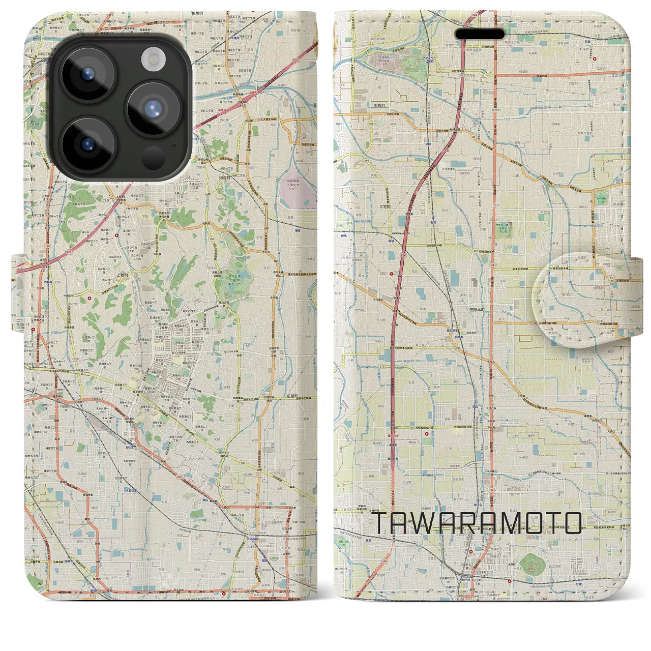 【田原本(奈良県)】地図柄iPhoneケース(手帳タイプ)ナチュラル・iPhone 15 Pro Max 用