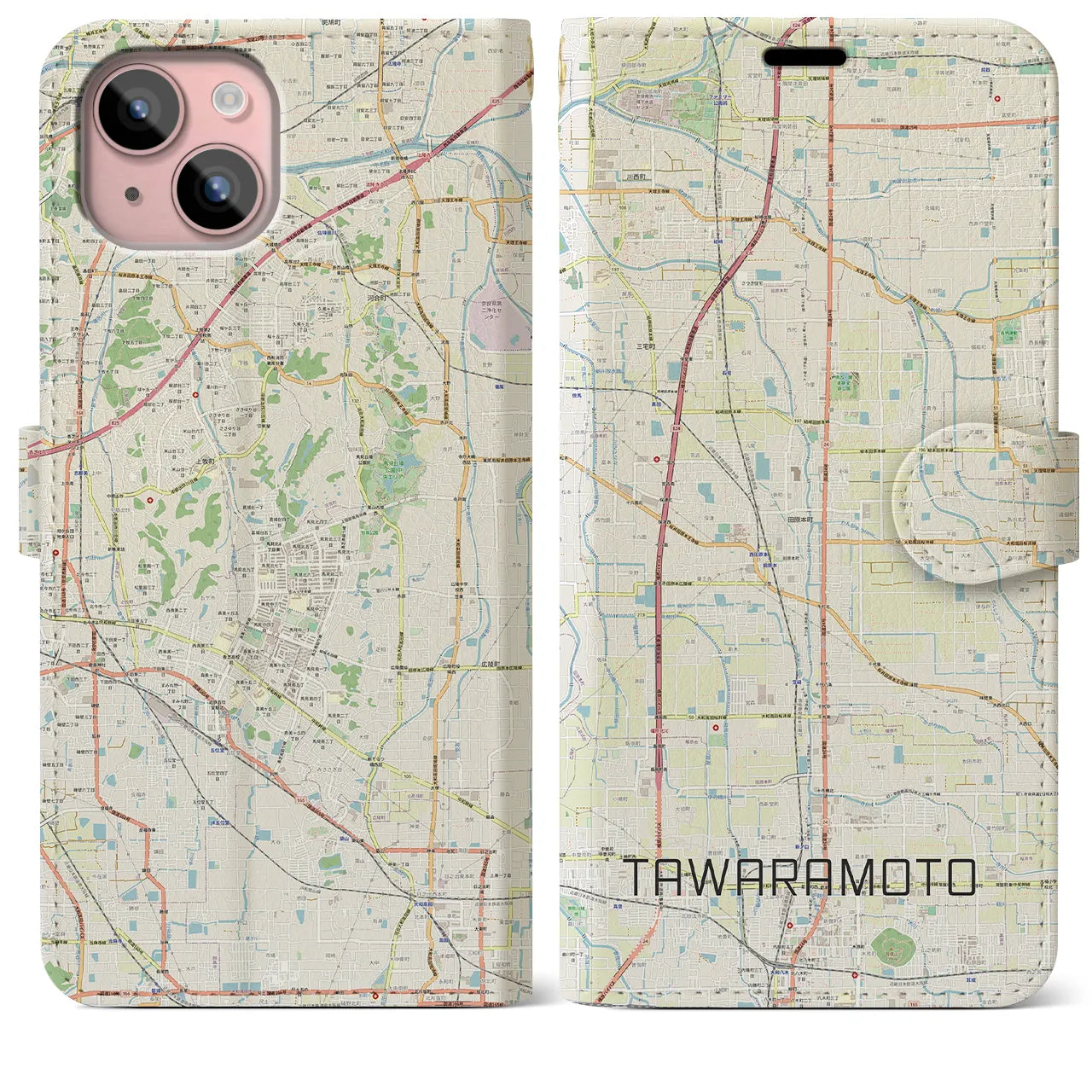 【田原本(奈良県)】地図柄iPhoneケース(手帳タイプ)ナチュラル・iPhone 15 Plus 用