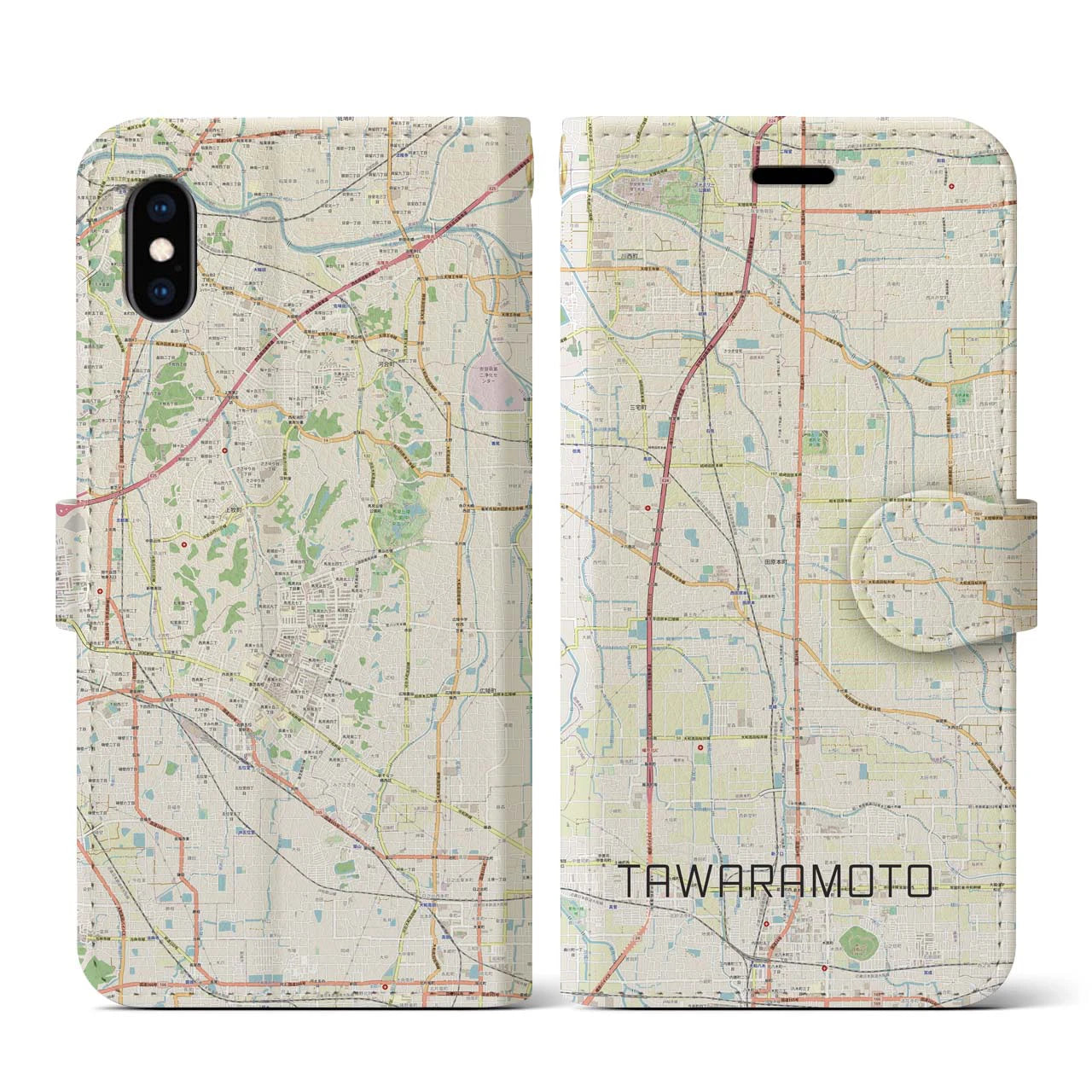 【田原本(奈良県)】地図柄iPhoneケース(手帳タイプ)ナチュラル・iPhone XS / X 用