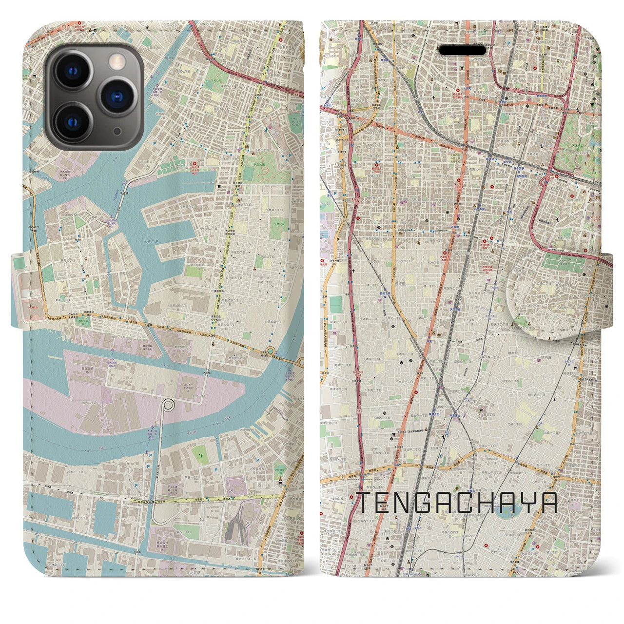 【天下茶屋(大阪府)】地図柄iPhoneケース(手帳タイプ)ナチュラル・iPhone 11 Pro Max 用