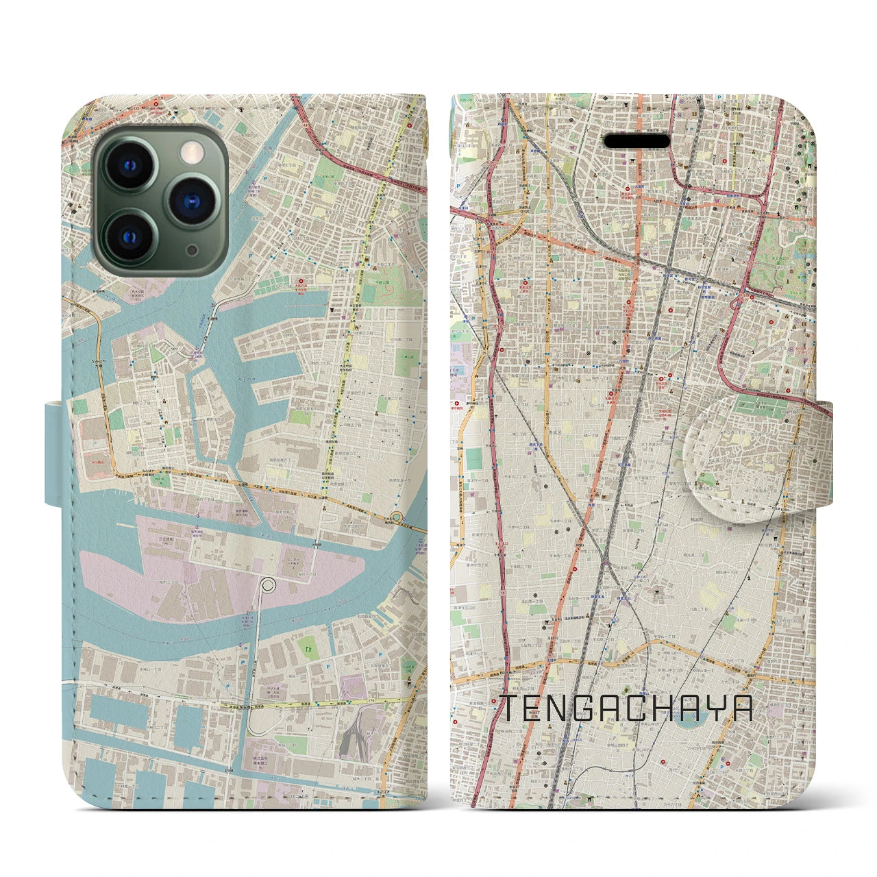 【天下茶屋(大阪府)】地図柄iPhoneケース(手帳タイプ)ナチュラル・iPhone 11 Pro 用