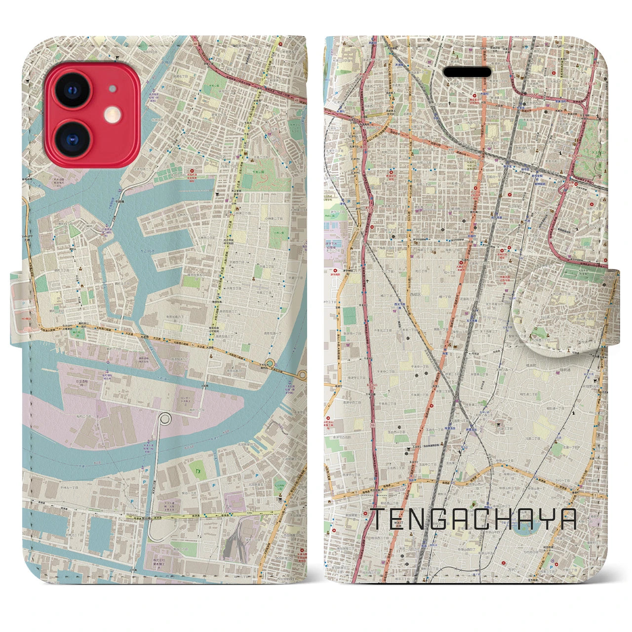 【天下茶屋(大阪府)】地図柄iPhoneケース(手帳タイプ)ナチュラル・iPhone 11 用