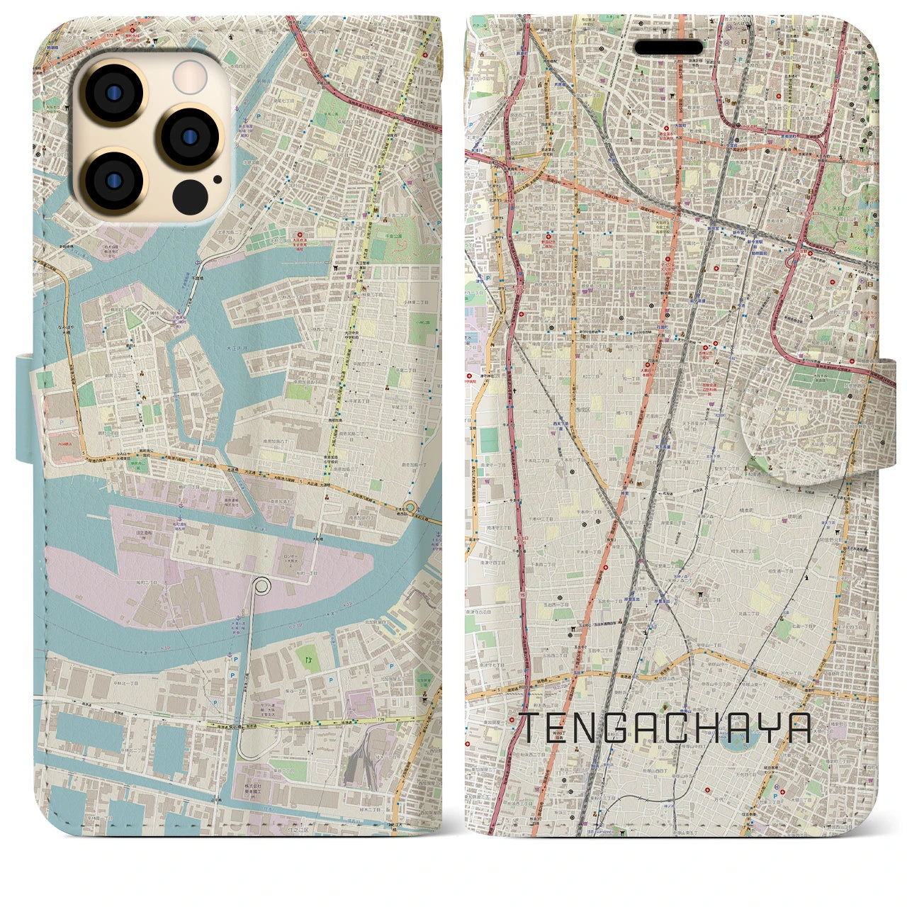 【天下茶屋(大阪府)】地図柄iPhoneケース(手帳タイプ)ナチュラル・iPhone 12 Pro Max 用